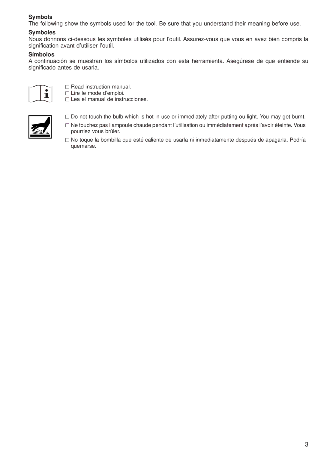 Makita ML901, ML903, ML702, ML902 manual Symbols, Symboles, Símbolos 