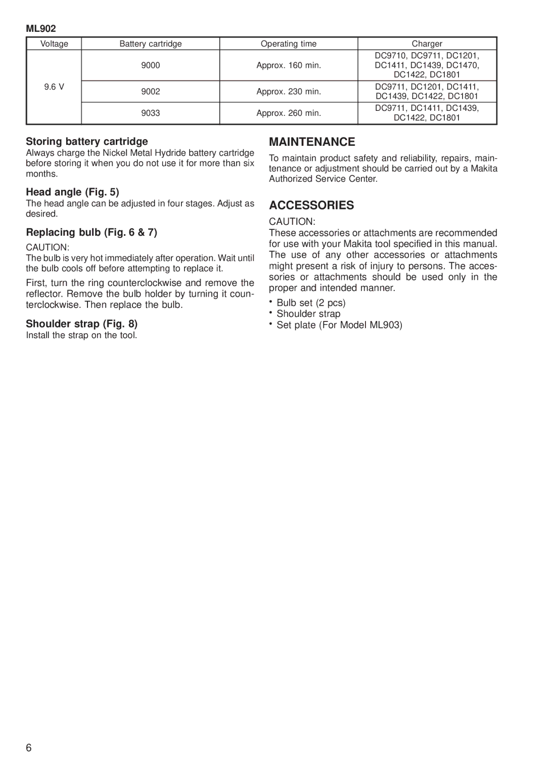 Makita ML902, ML903, ML702, ML901 manual Maintenance, Accessories 