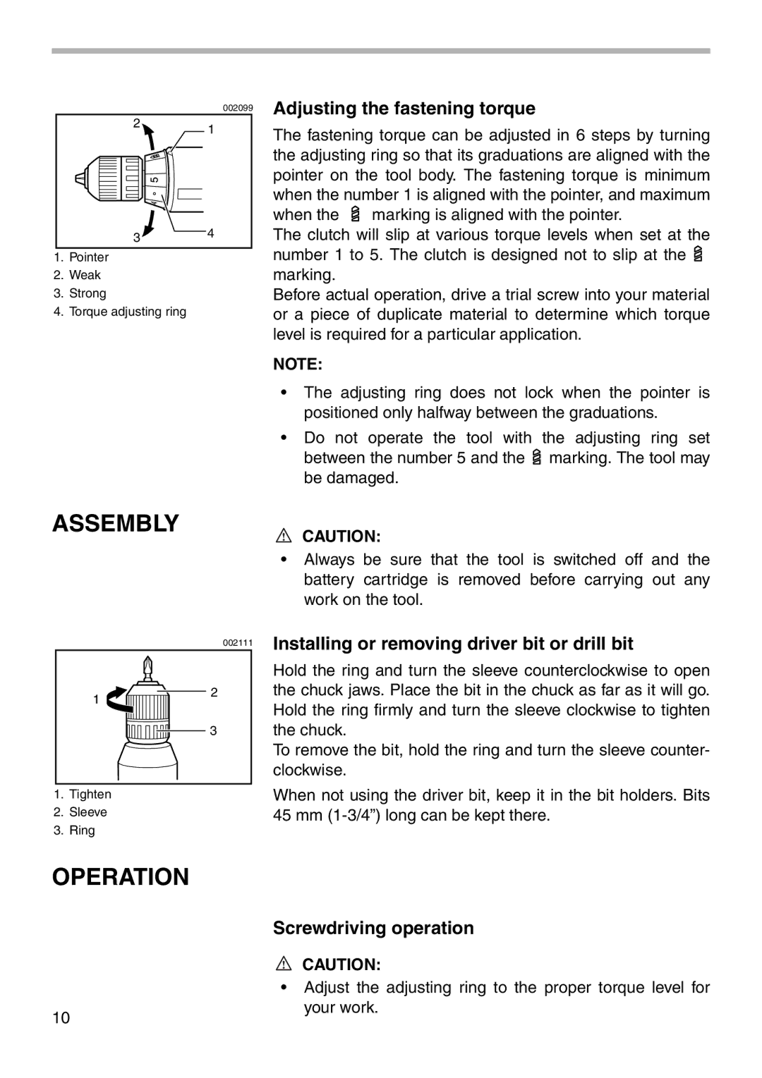 Makita MODEL 6019D Assembly, Operation, Adjusting the fastening torque, Installing or removing driver bit or drill bit 