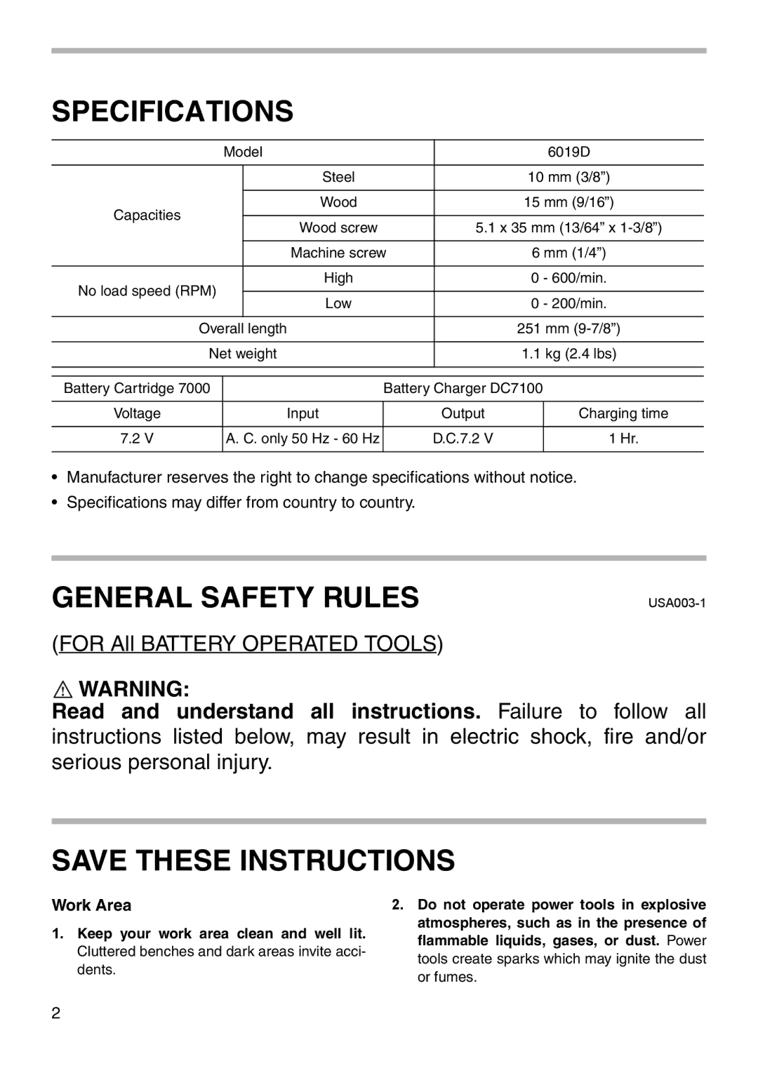 Makita MODEL 6019D instruction manual Specifications, General Safety Rules 