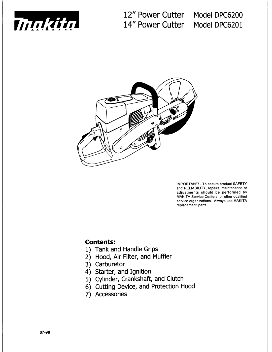 Makita manual Power Cutter Model DPC6200 Power Cutter Model DPC6201, Contents 