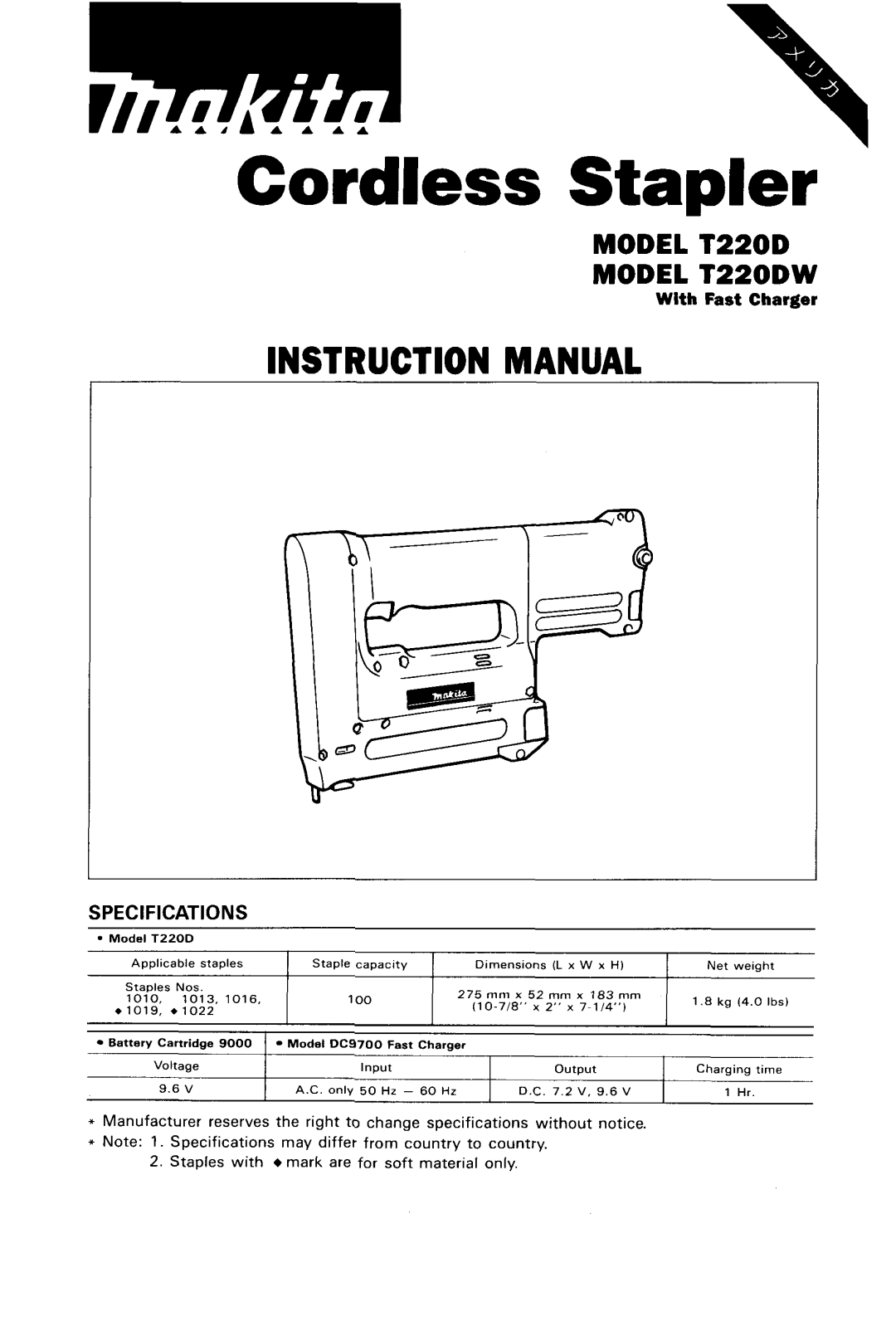 Makita Model T220DW instruction manual Specifications, Instruction Manual, MODEL T220D MODEL T22ODW, With Fast Charger 