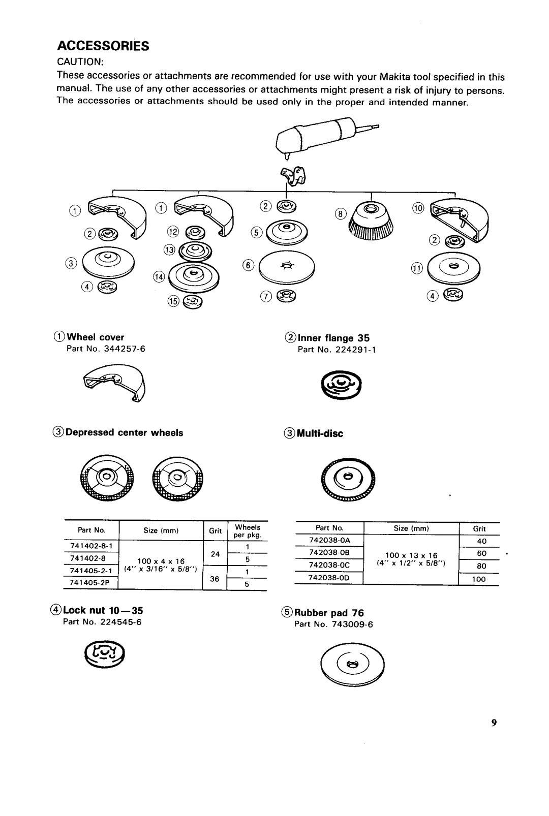 Makita N900 instruction manual Accessories, @Lock nut 