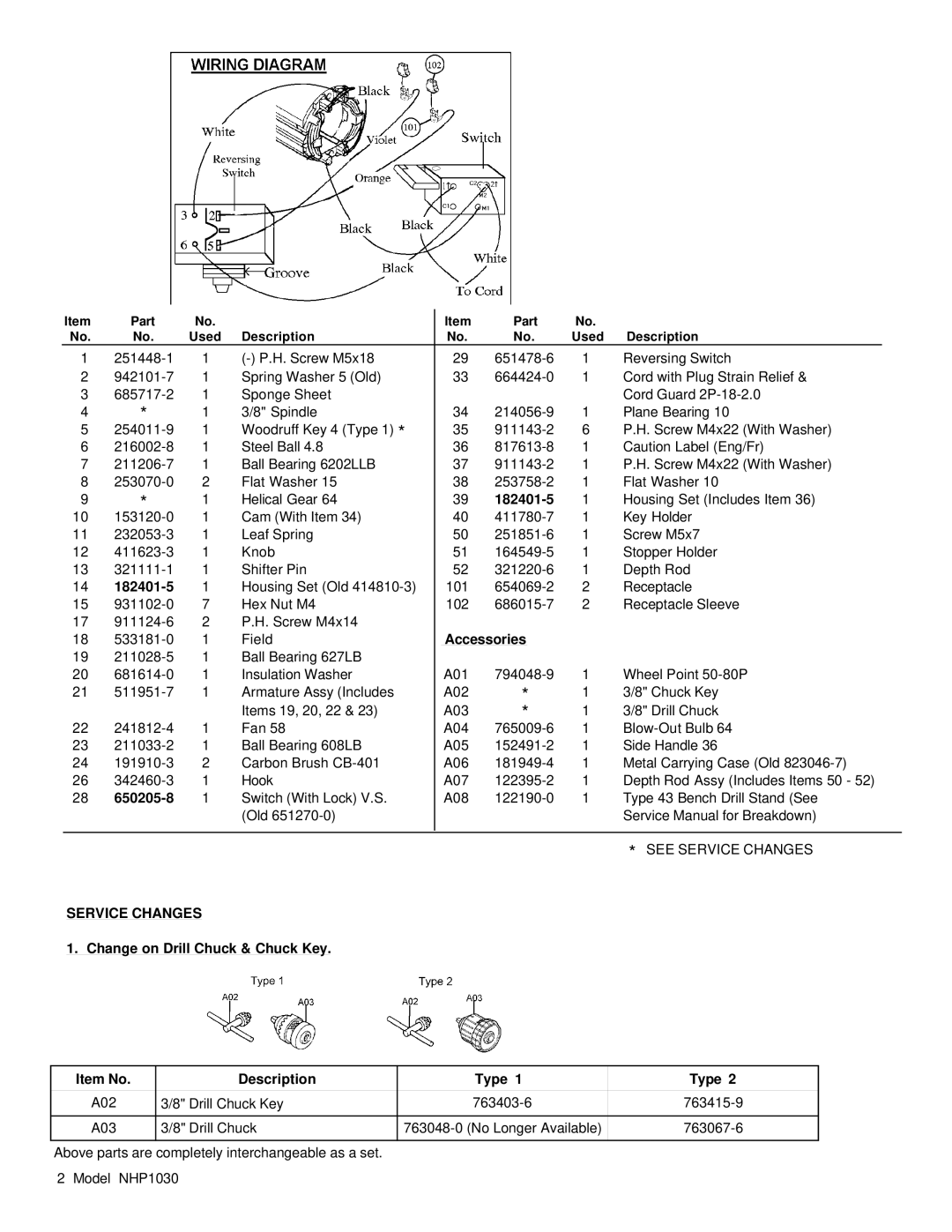 Makita NH1030 manual Accessories, Service Changes, Change on Drill Chuck & Chuck Key Item No Description Type 