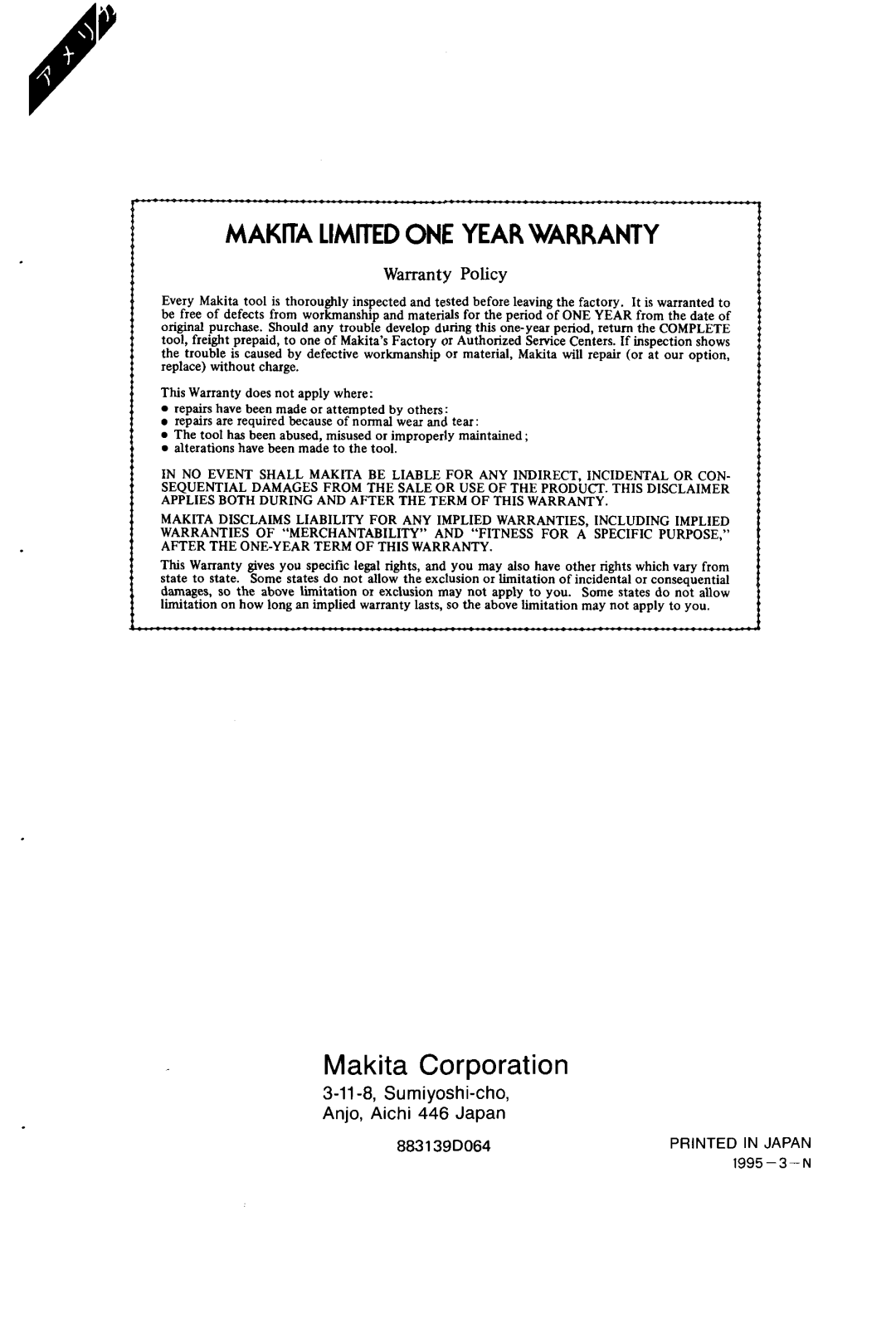 Makita NHPL030 instruction manual MAKlTA Limitedone Year Warranty, Warranty Policy 