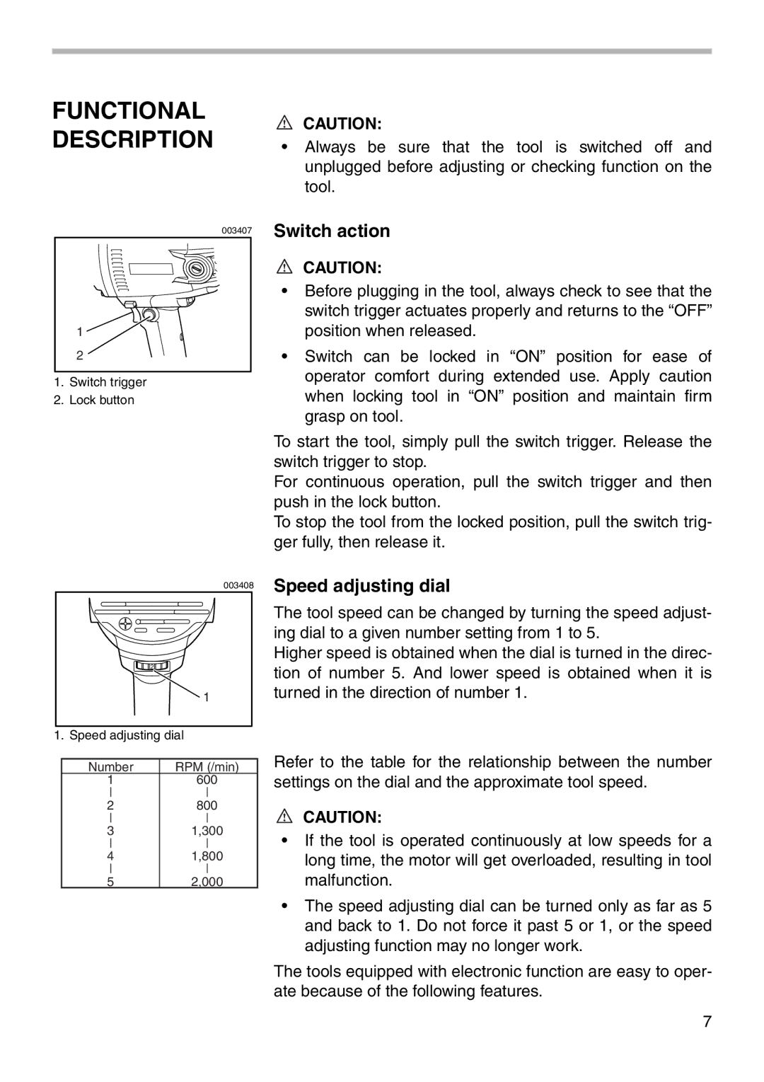 Makita PV7001C instruction manual Functional Description, Switch action, Speed adjusting dial 