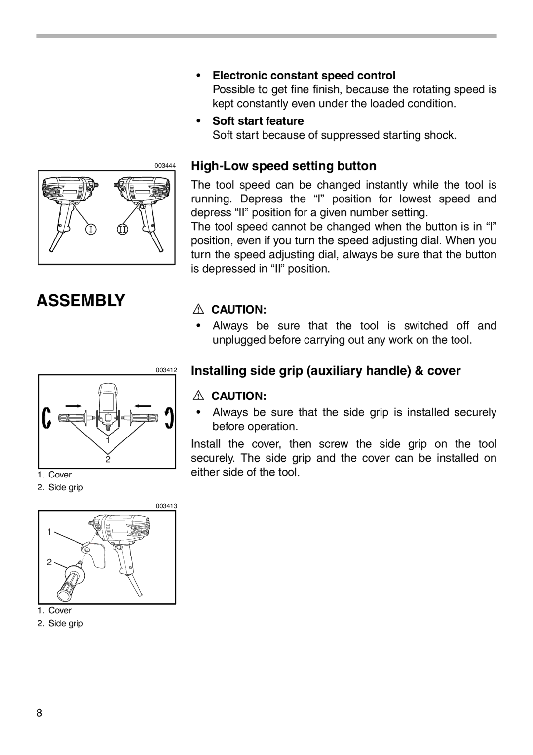 Makita PV7001C instruction manual Assembly, High-Low speed setting button, Installing side grip auxiliary handle & cover 