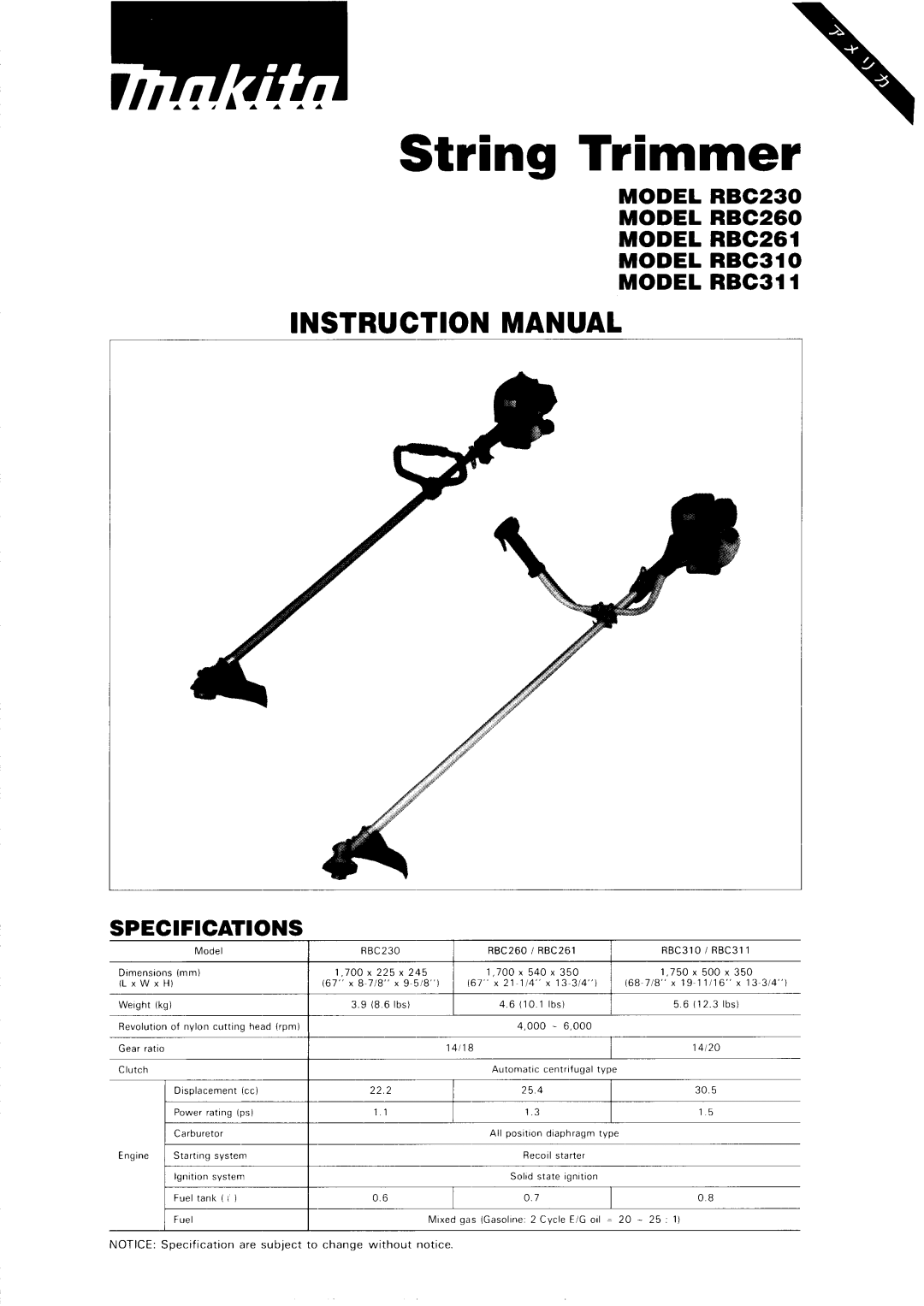 Makita RBC311, RBC230, RBC310, RBC260, RBC261 dimensions String Trimmer 