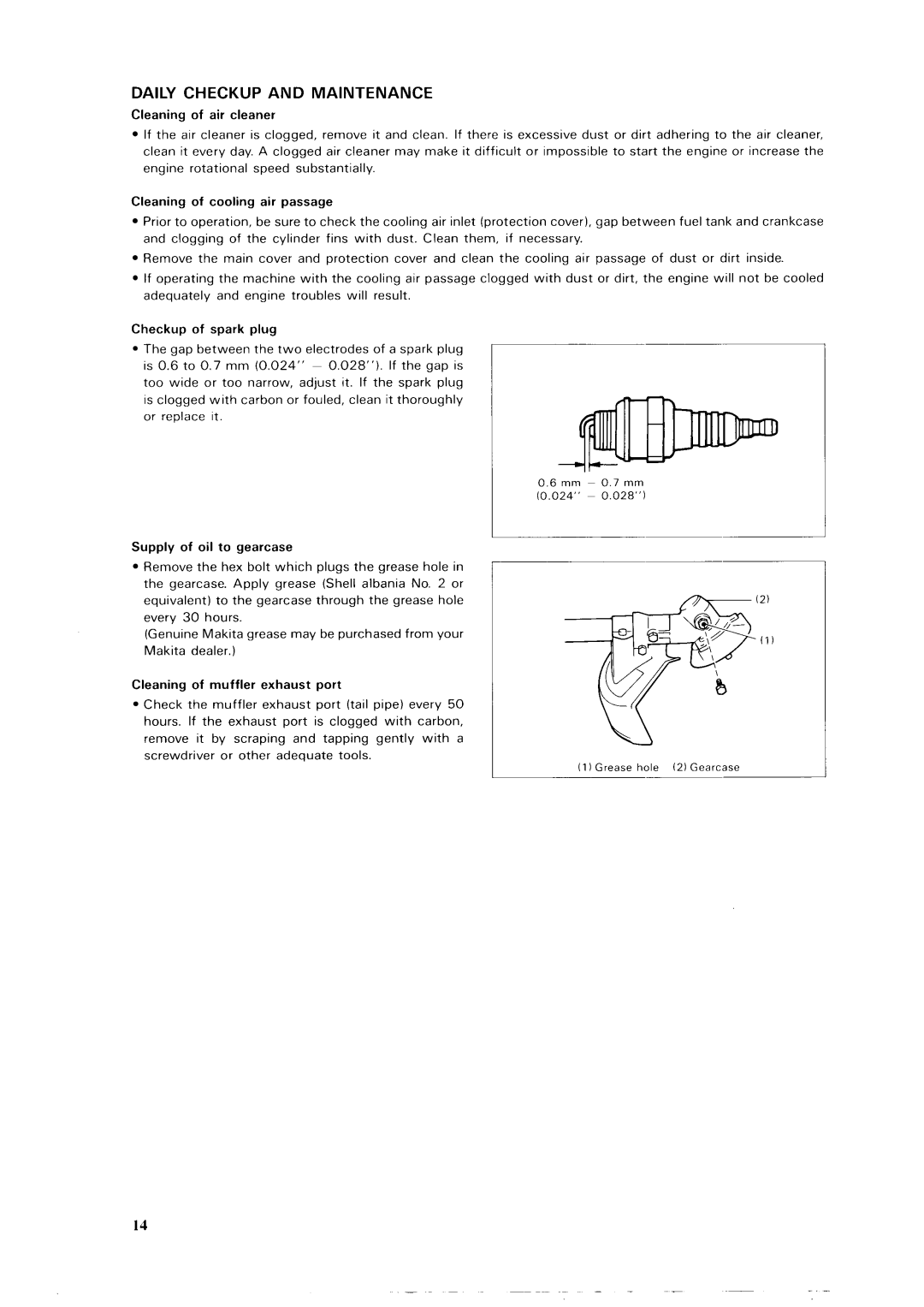 Makita RBC261, RBC230, RBC311, RBC310, RBC260 dimensions Daily Checkup and Maintenance 