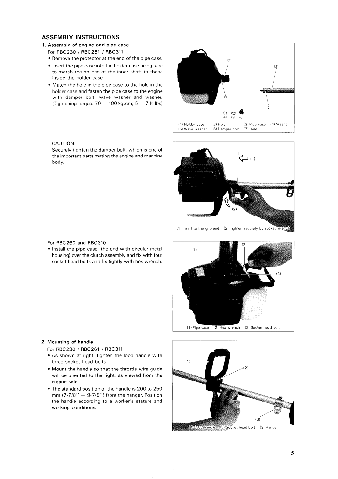 Makita RBC230, RBC311, RBC310, RBC260, RBC261 dimensions Assembly INSTRUCTI0NS, Mounting of handle 