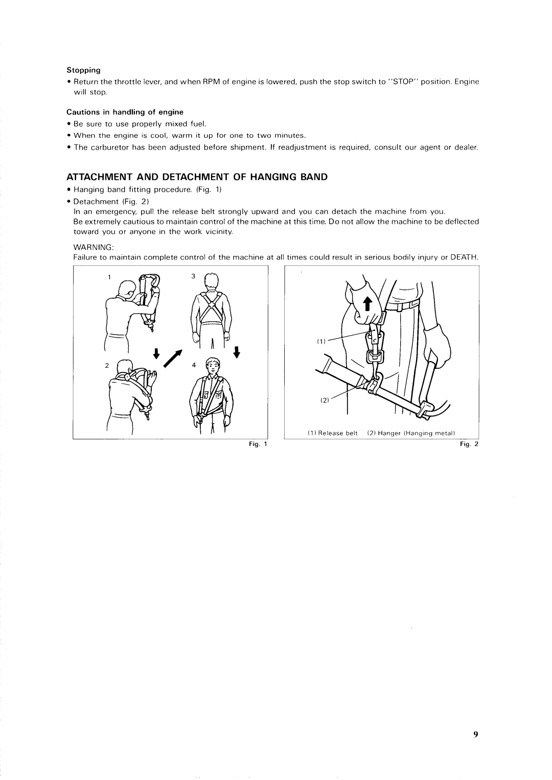 Makita RBC261, RBC230, RBC311, RBC310 Attachment And Detachment Of Hanging Band, Stopping, Cautions in handling of engine 