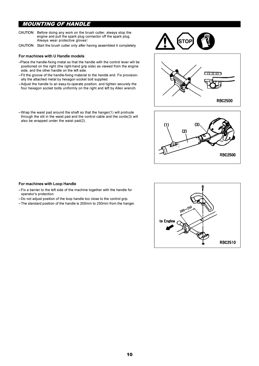 Makita RBC2500 instruction manual Mounting of Handle, For machines with U Handle models, For machines with Loop Handle 