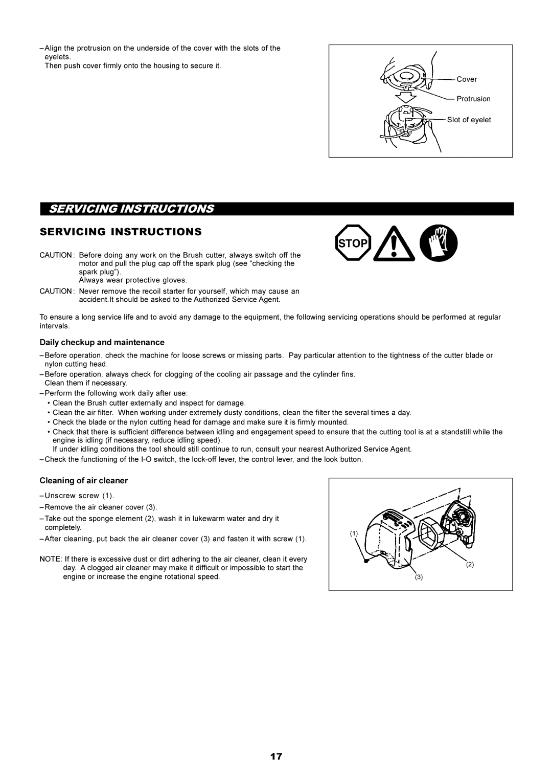 Makita RBC2500 instruction manual Servicing Instructions, Daily checkup and maintenance, Cleaning of air cleaner 