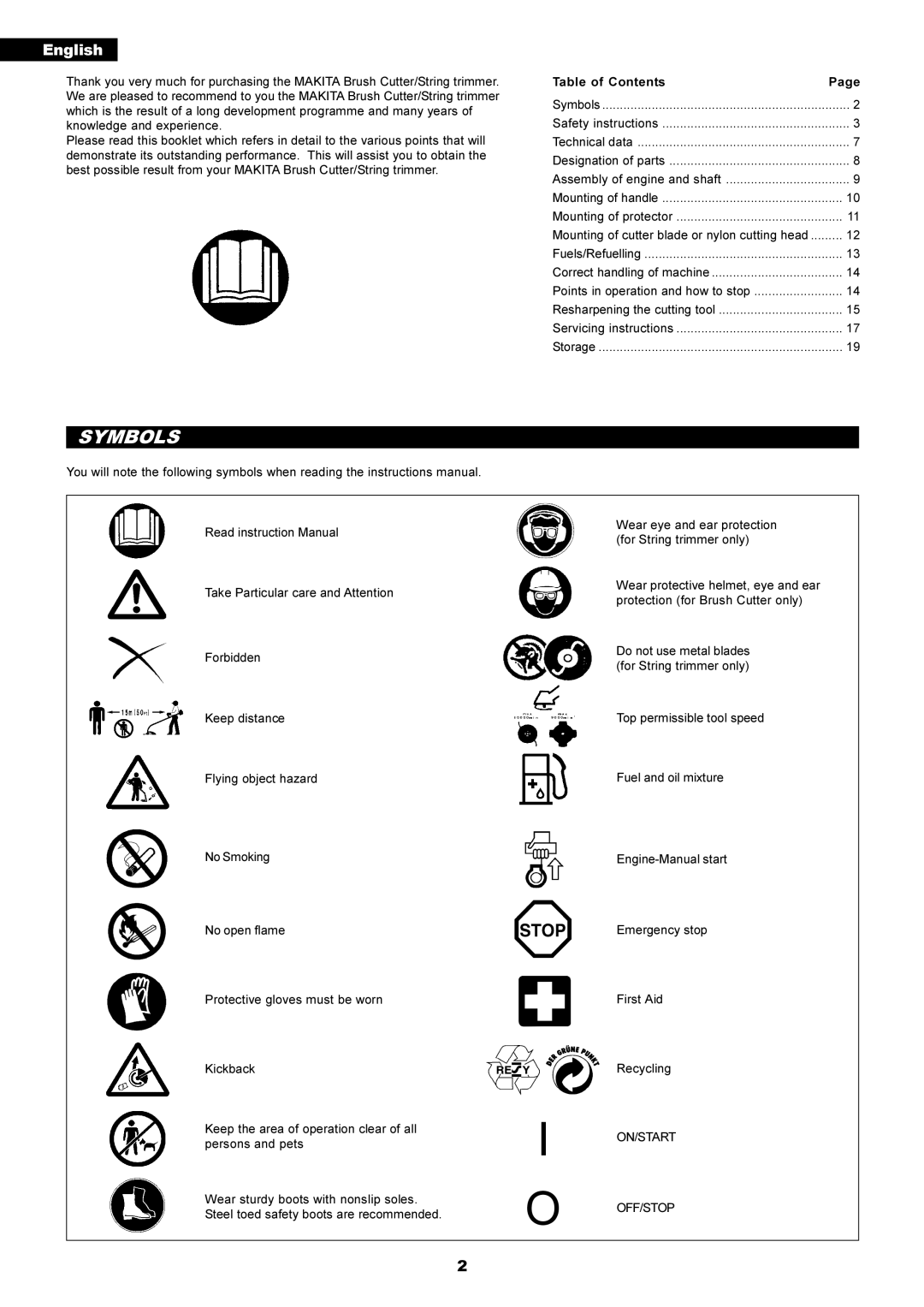 Makita RBC2500 instruction manual Symbols, English 