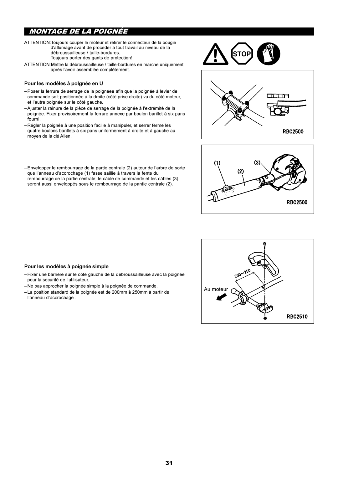 Makita RBC2500 Montage DE LA Poignée, Pour les modèles à polgnée en U, Pour les modèles à poignée simple, Au moteur 