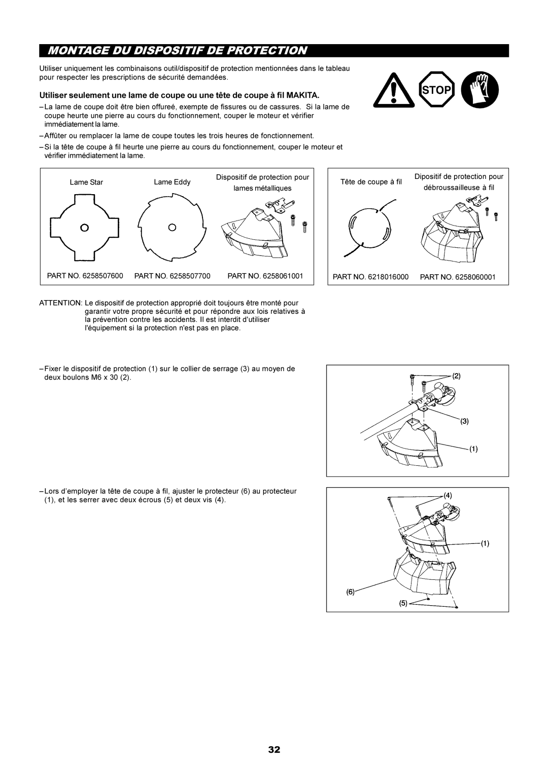 Makita RBC2500 instruction manual Montage DU Dispositif DE Protection 