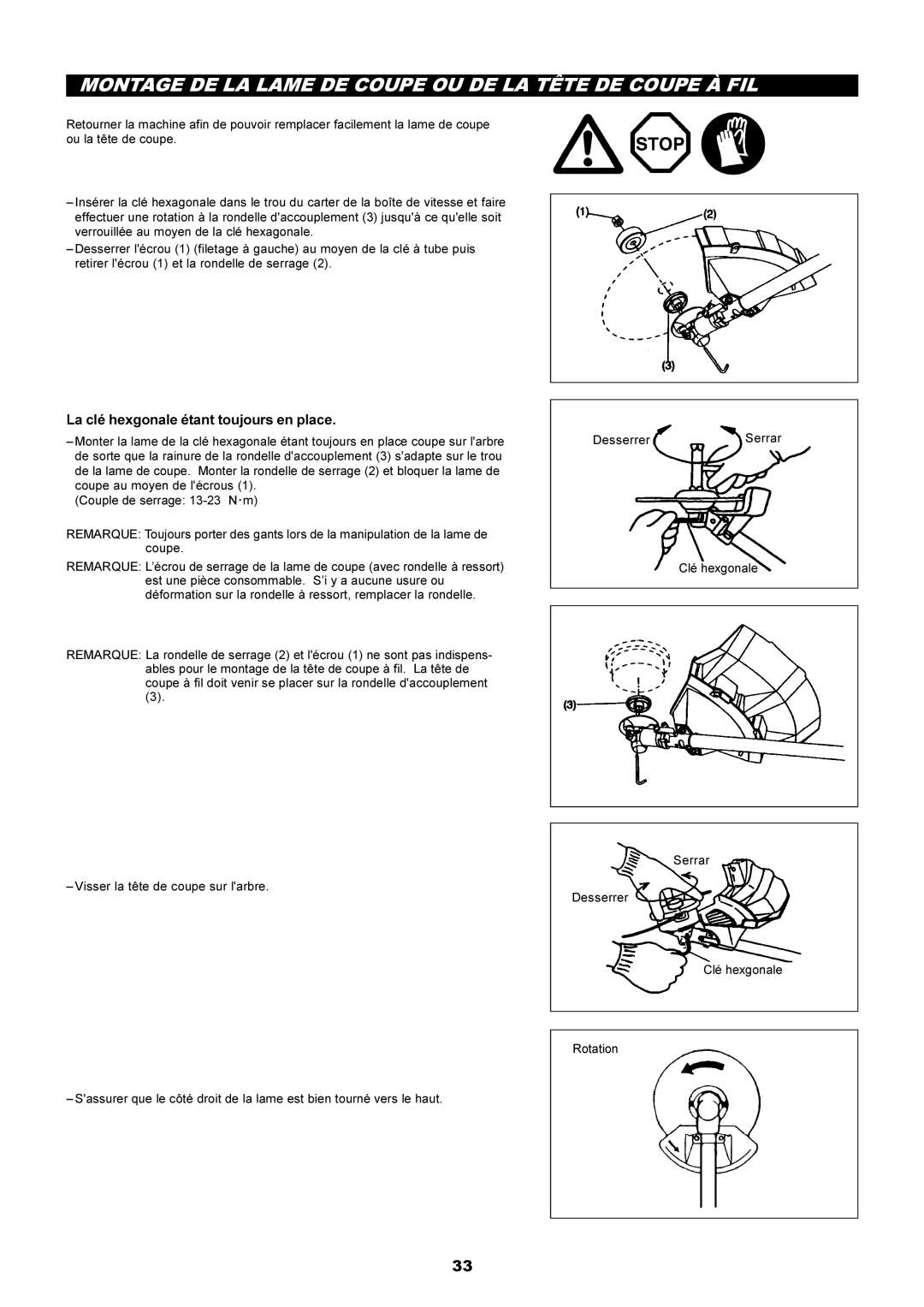 Makita RBC2500 Montage DE LA Lame DE Coupe OU DE LA Tête DE Coupe À FIL, La clé hexgonale étant toujours en place 