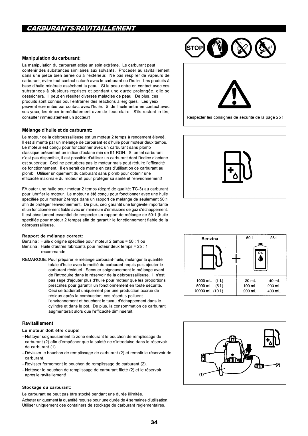 Makita RBC2500 instruction manual Carburants/Ravitaillement, Manipulation du carburant, Mélange dhuile et de carburant 