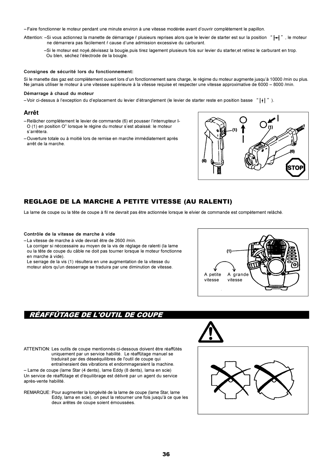 Makita RBC2500 instruction manual Réaffûtage DE Loutil DE Coupe, Reglage DE LA Marche a Petite Vitesse AU Ralenti 