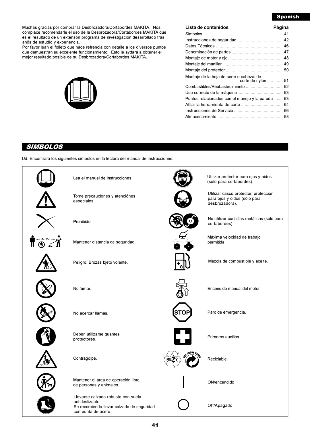 Makita RBC2500 instruction manual Simbolos, Lista de contenidos Página 