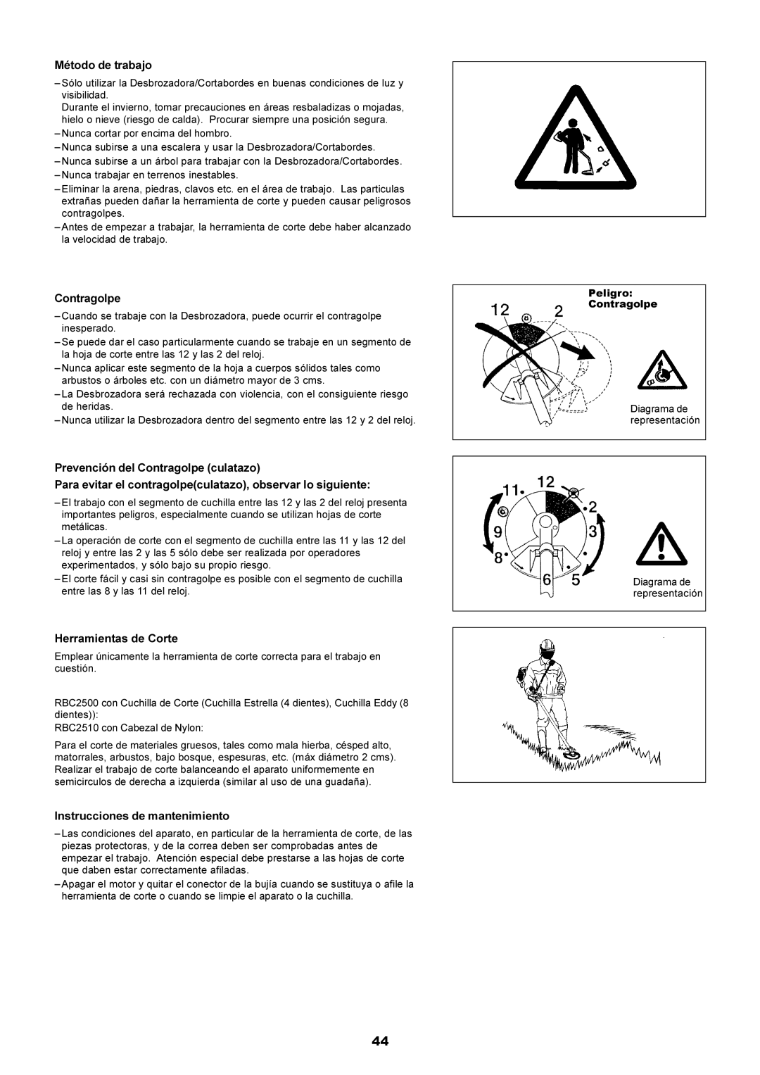 Makita RBC2500 instruction manual Método de trabajo, Contragolpe, Herramientas de Corte, Instrucciones de mantenimiento 