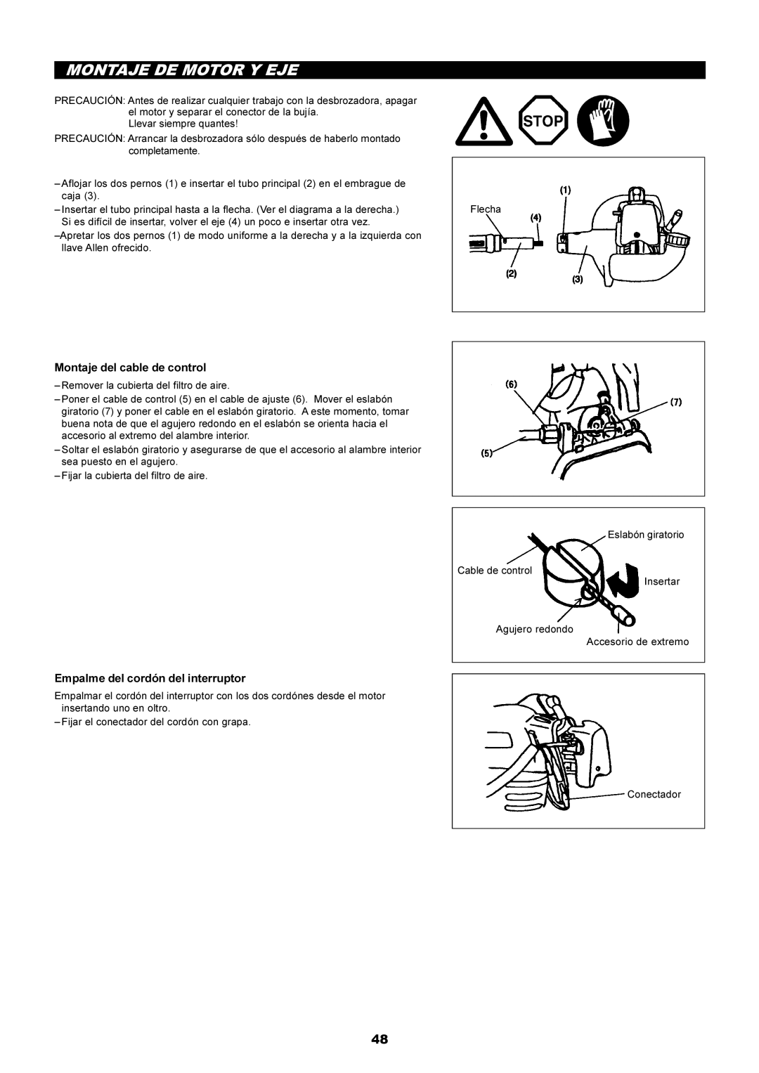 Makita RBC2500 instruction manual Montaje DE Motor Y EJE, Montaje del cable de control, Empalme del cordón del interruptor 