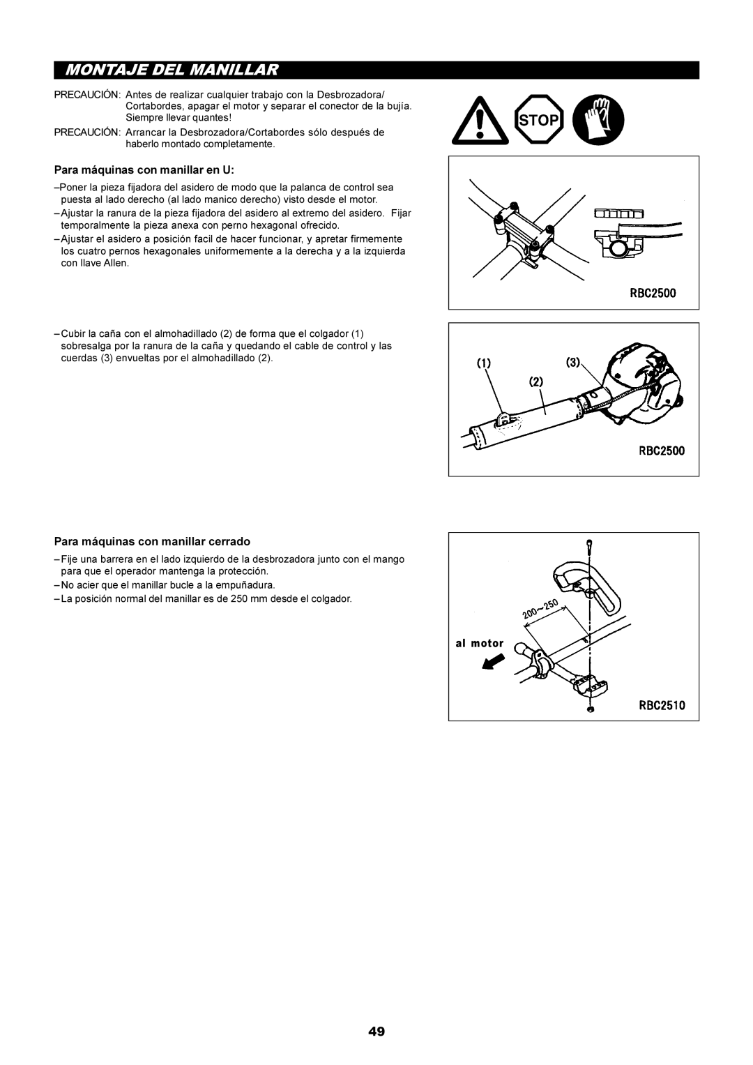 Makita RBC2500 Montaje DEL Manillar, Para máquinas con manillar en U, Para máquinas con manillar cerrado, Al motor 