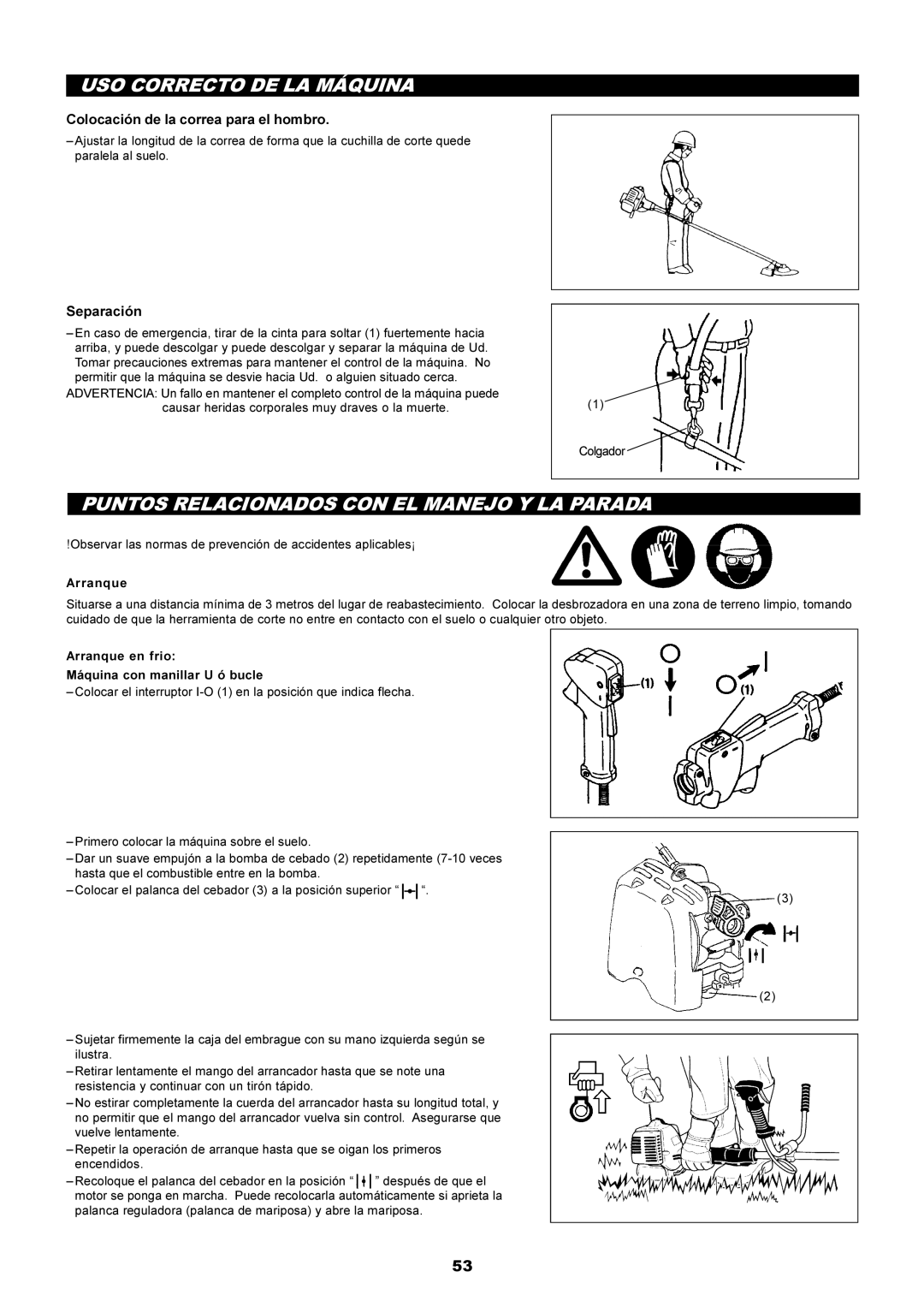 Makita RBC2500 instruction manual USO Correcto DE LA Máquina, Puntos Relacionados CON EL Manejo Y LA Parada, Separación 