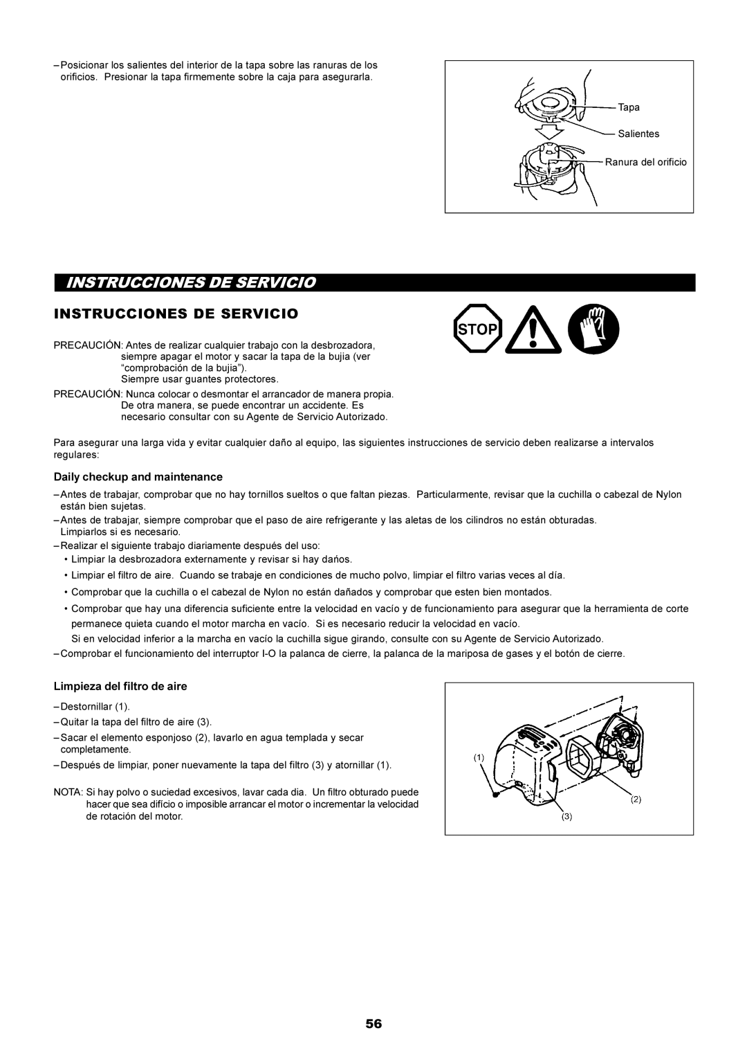 Makita RBC2500 instruction manual Instrucciones DE Servicio, Limpieza del filtro de aire 