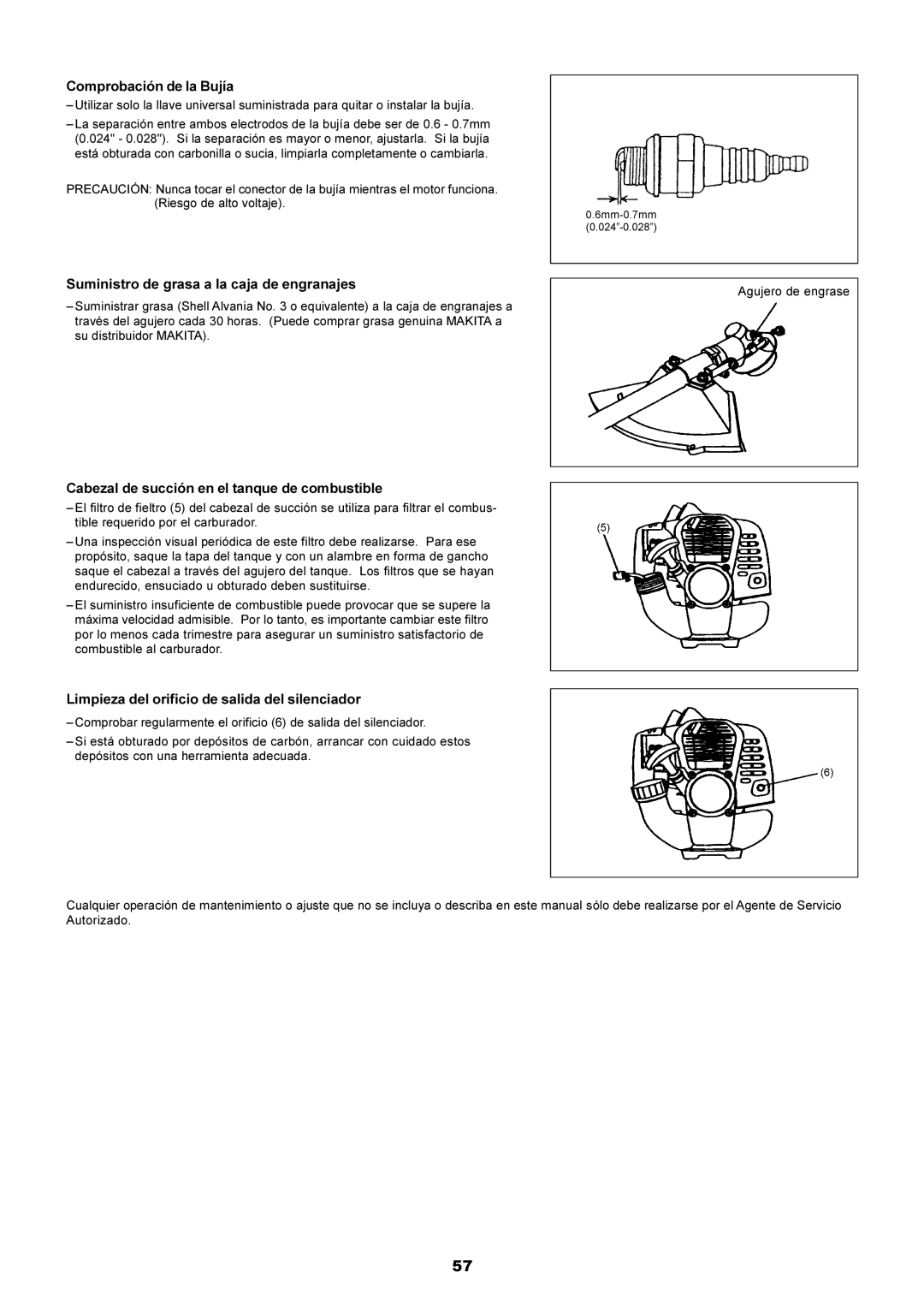 Makita RBC2500 instruction manual Comprobación de la Bujía, Suministro de grasa a la caja de engranajes 