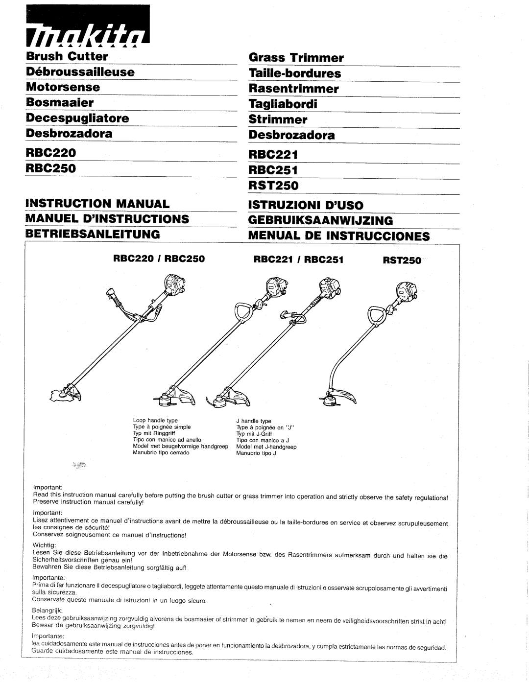 Makita RBC221, RBC251, RBC220, RBC250, RST250 manual 