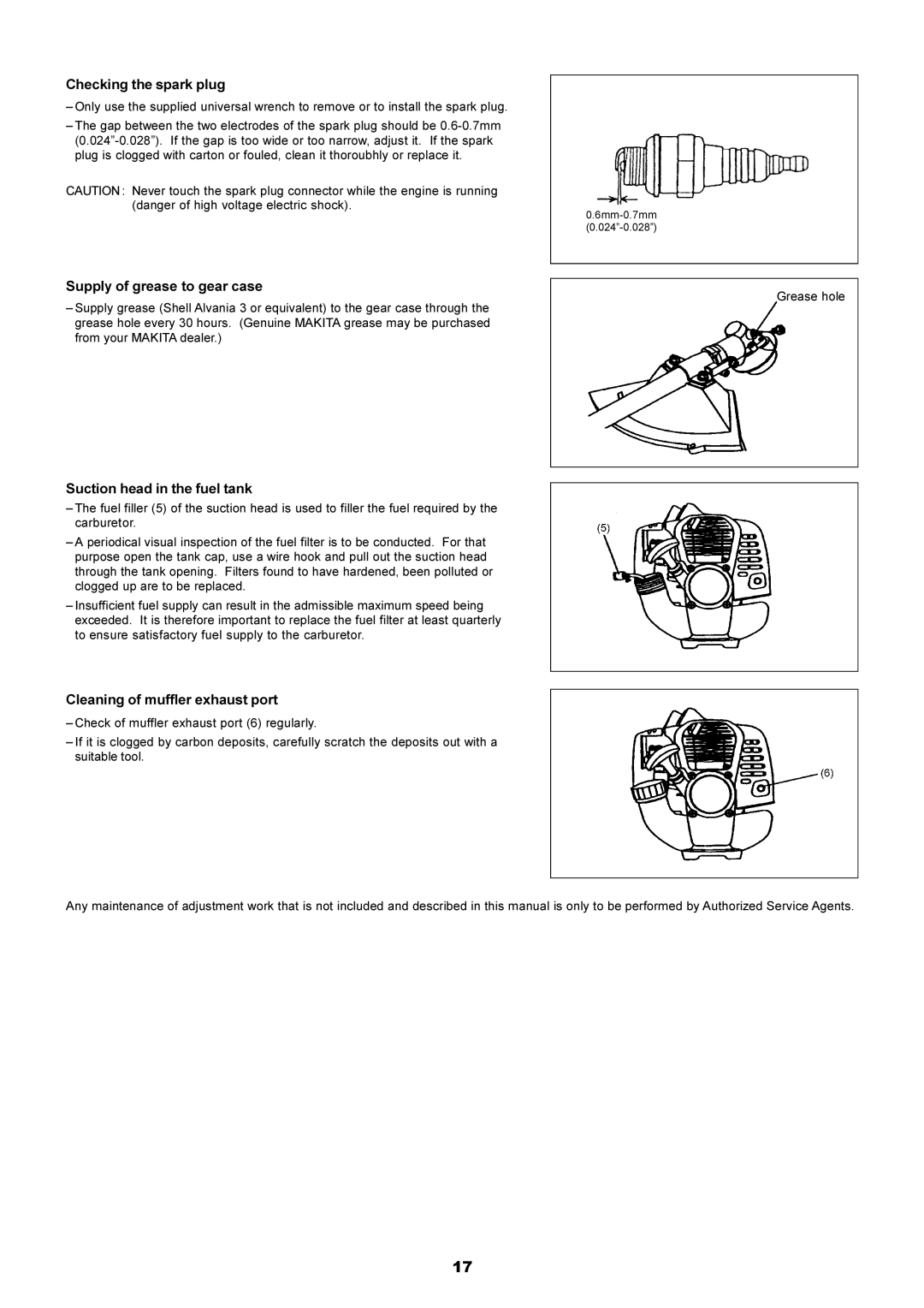 Makita RBC2510, RBC2500 Checking the spark plug, Supply of grease to gear case, Suction head in the fuel tank 