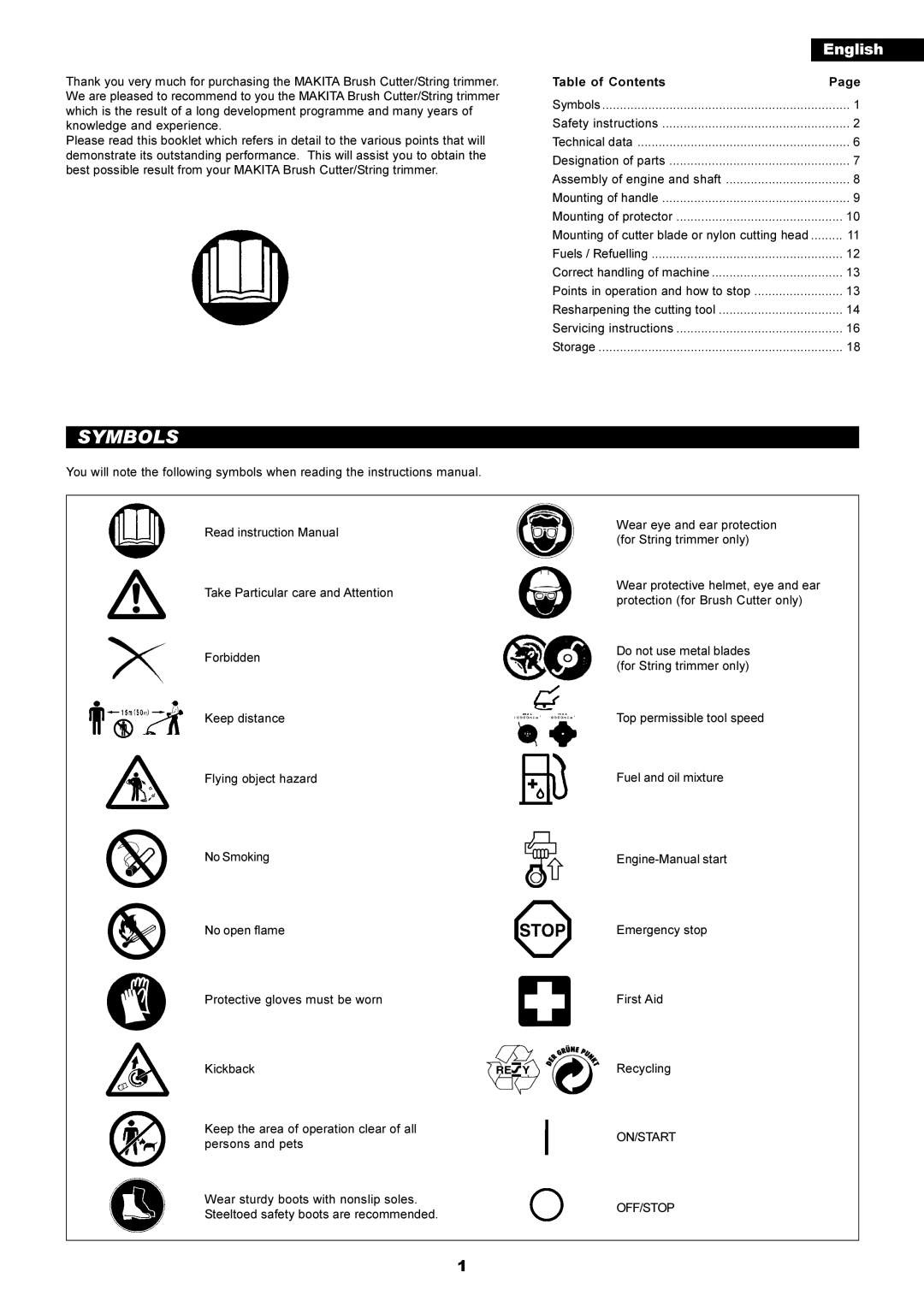 Makita RBC2510, RBC2500 instruction manual Symbols, English 