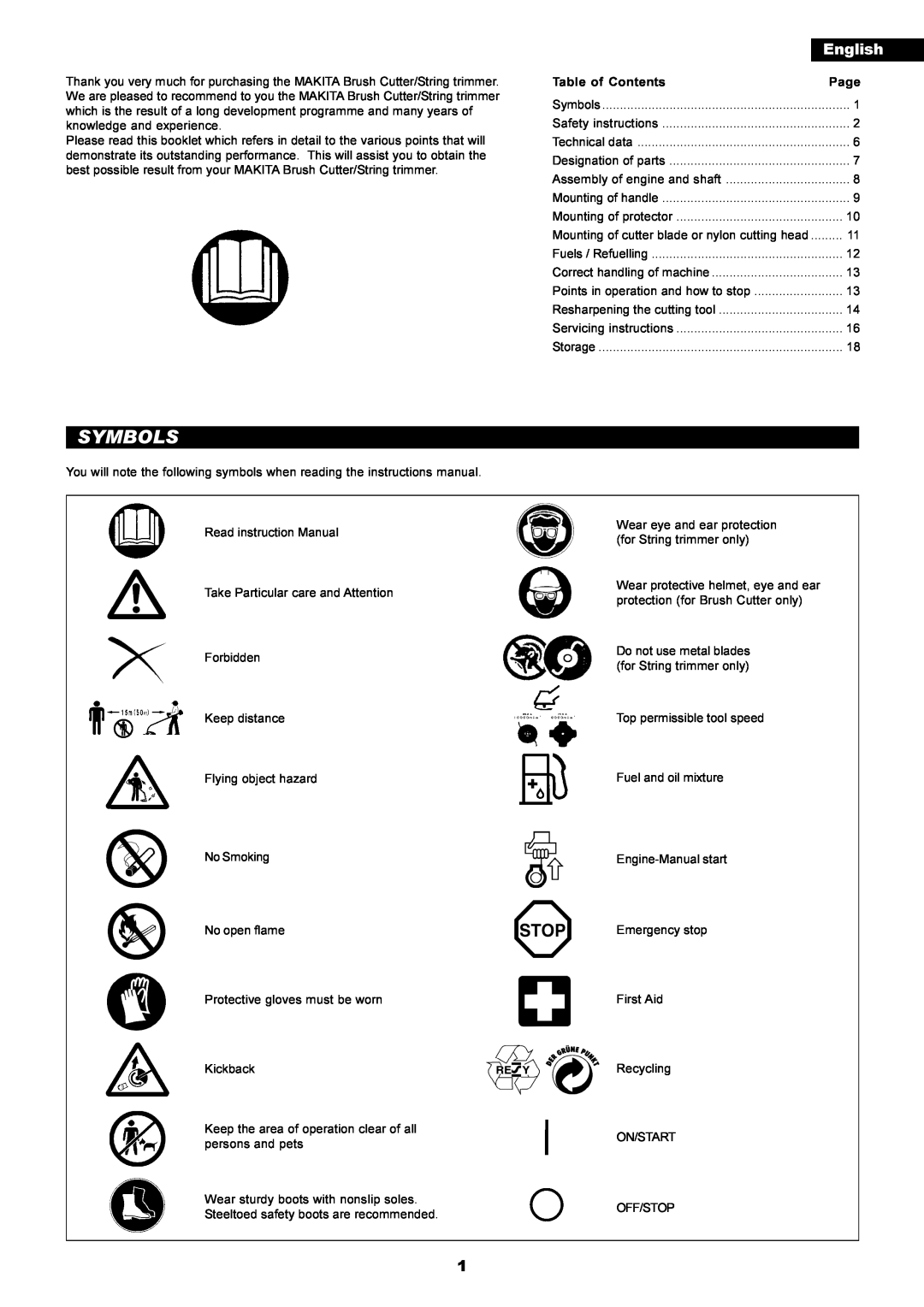 Makita RBC2510, RBC2500 instruction manual Symbols, English 