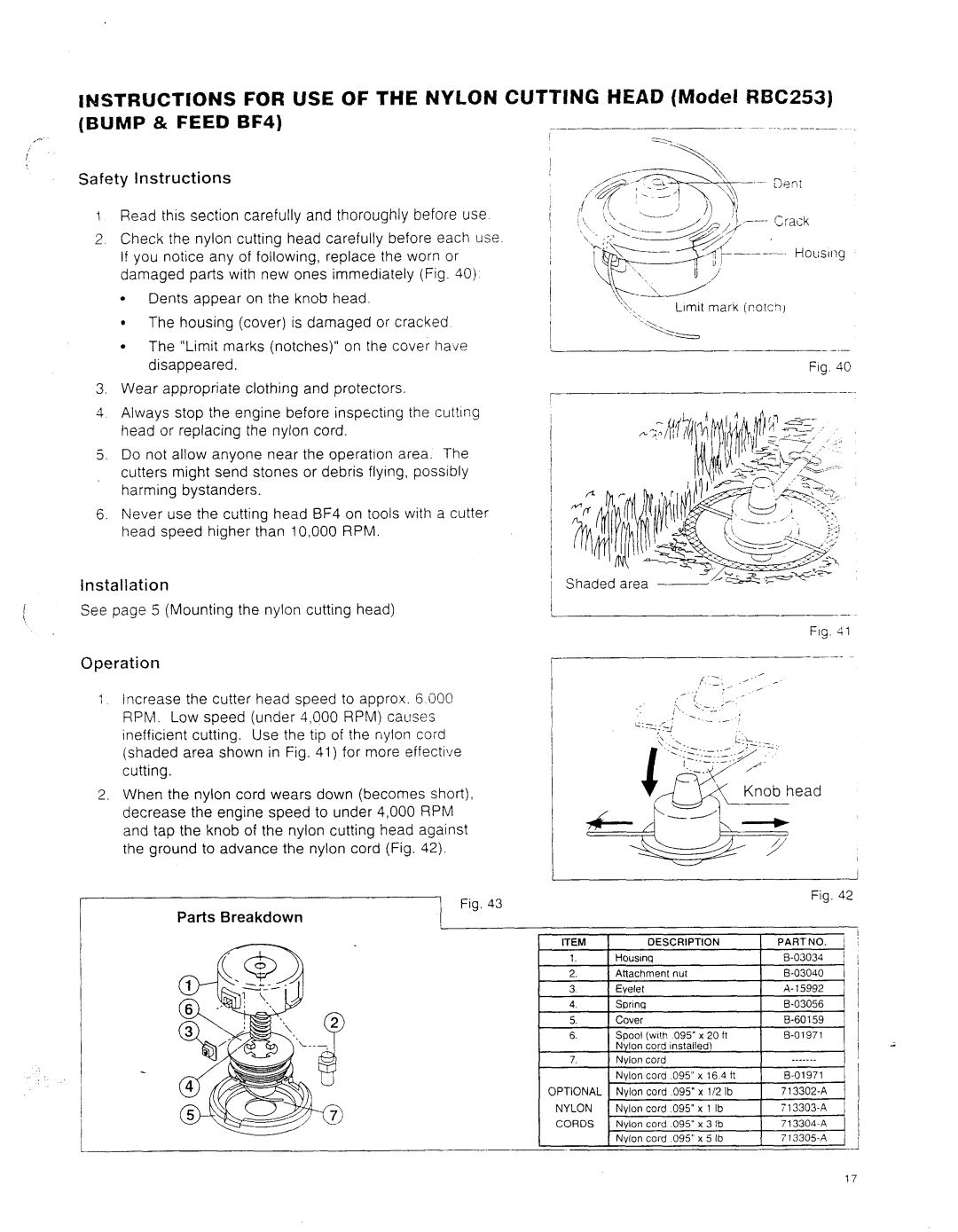 Makita RBC253, RBC252 instruction manual Instructions for USE of the Nylon Cutting Head Model WBC253, Bump & Feed BF4 