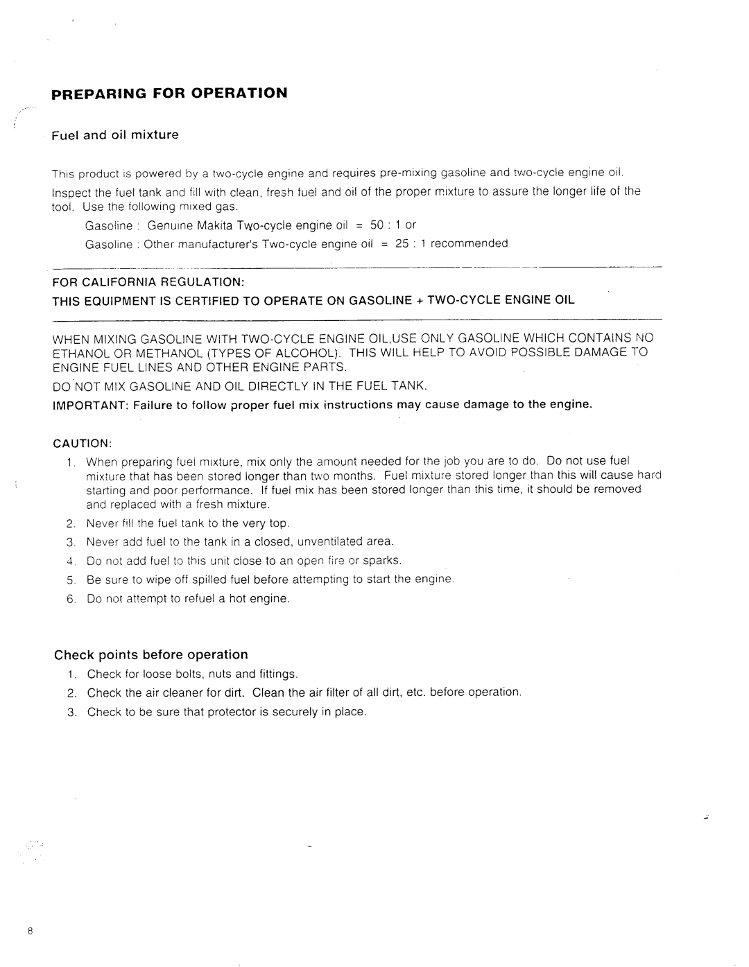 Makita RBC252, RBC253 instruction manual Preparing for Operation, Do not MIX Gasoline a N D OIL Directly in the Fuel Tank 