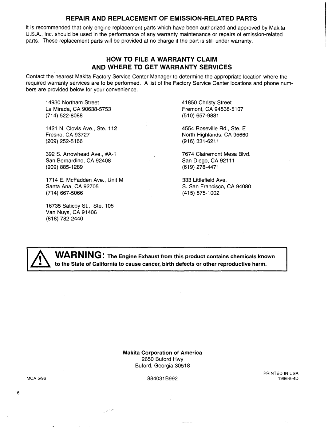 Makita RBC25A instruction manual Repair and Replacement of EMISSION-RELATED Parts 