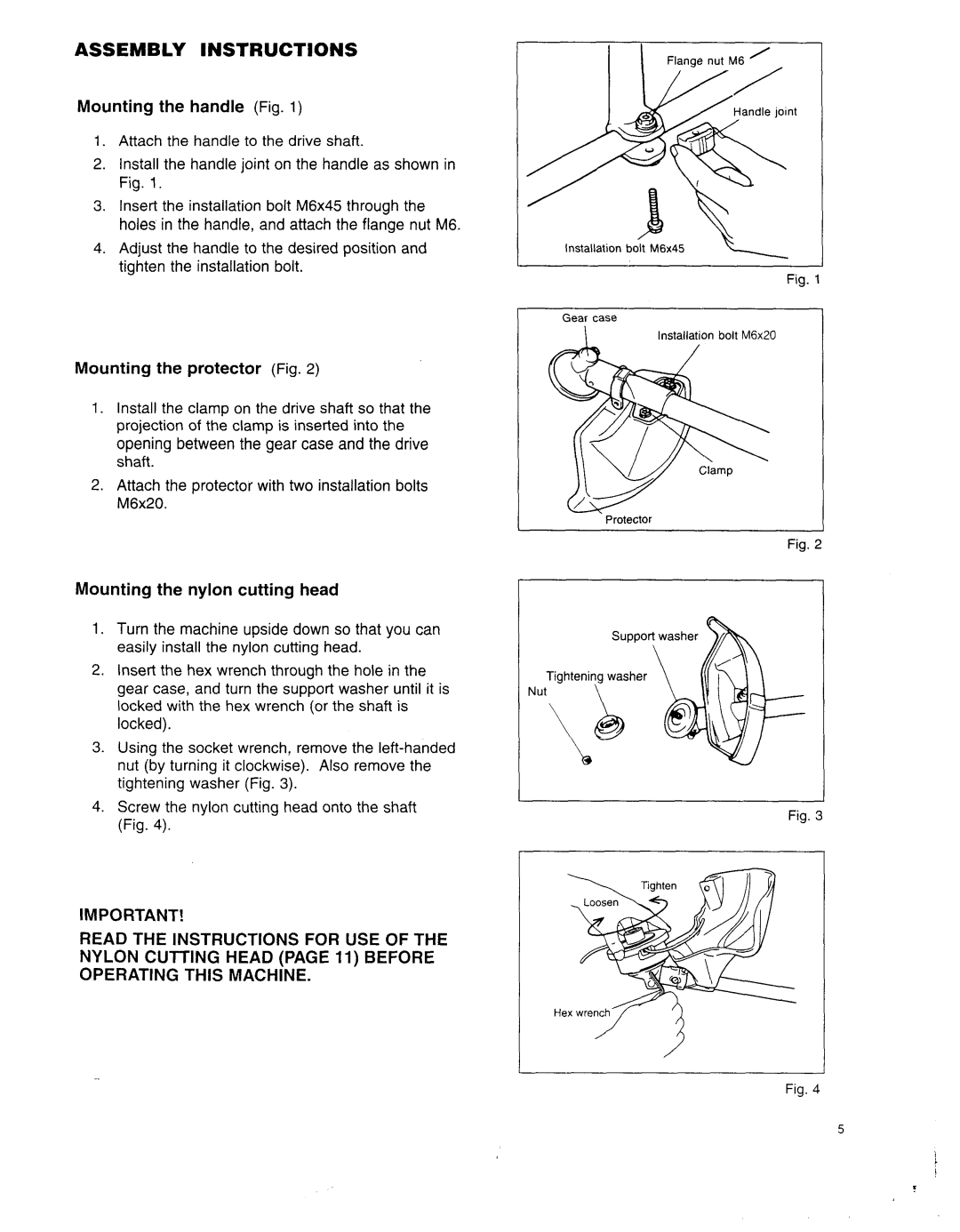 Makita RBC25A Assembly Instructions, Mounting the handle Fig, Mounting the protector Fig, Mounting the nylon cutting head 