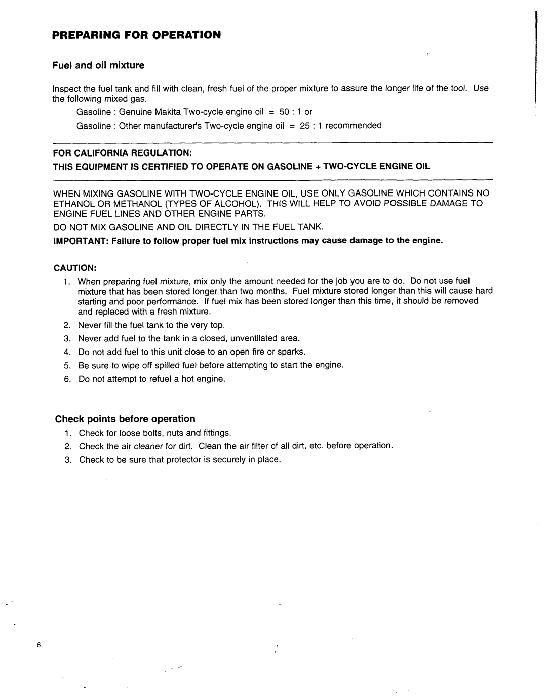 Makita RBC25A instruction manual Preparing for Operation, Fuel and oil mixture, Check points before operation 