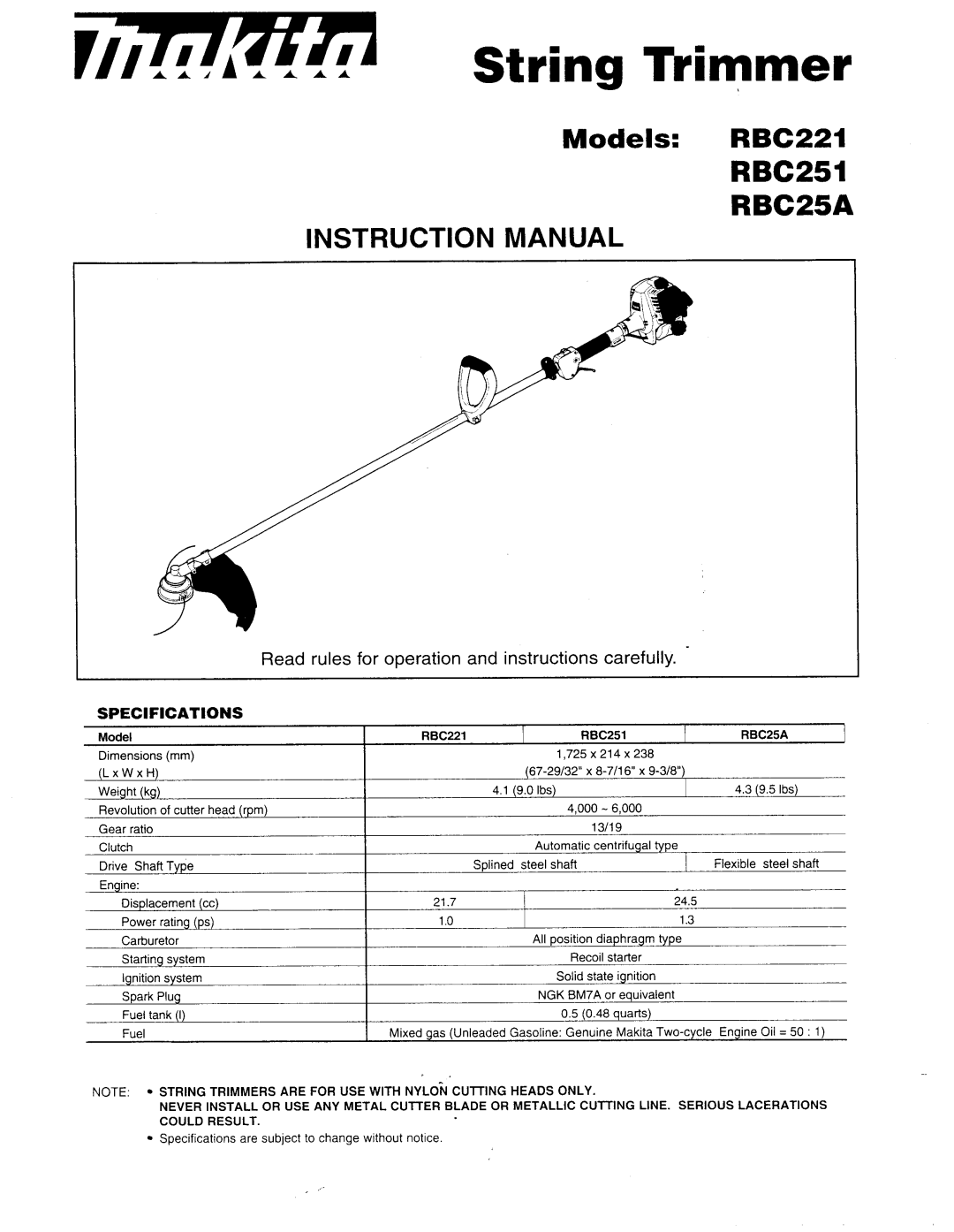 Makita RBC25A instruction manual Models RBC221, String Trimmer, RBC251 