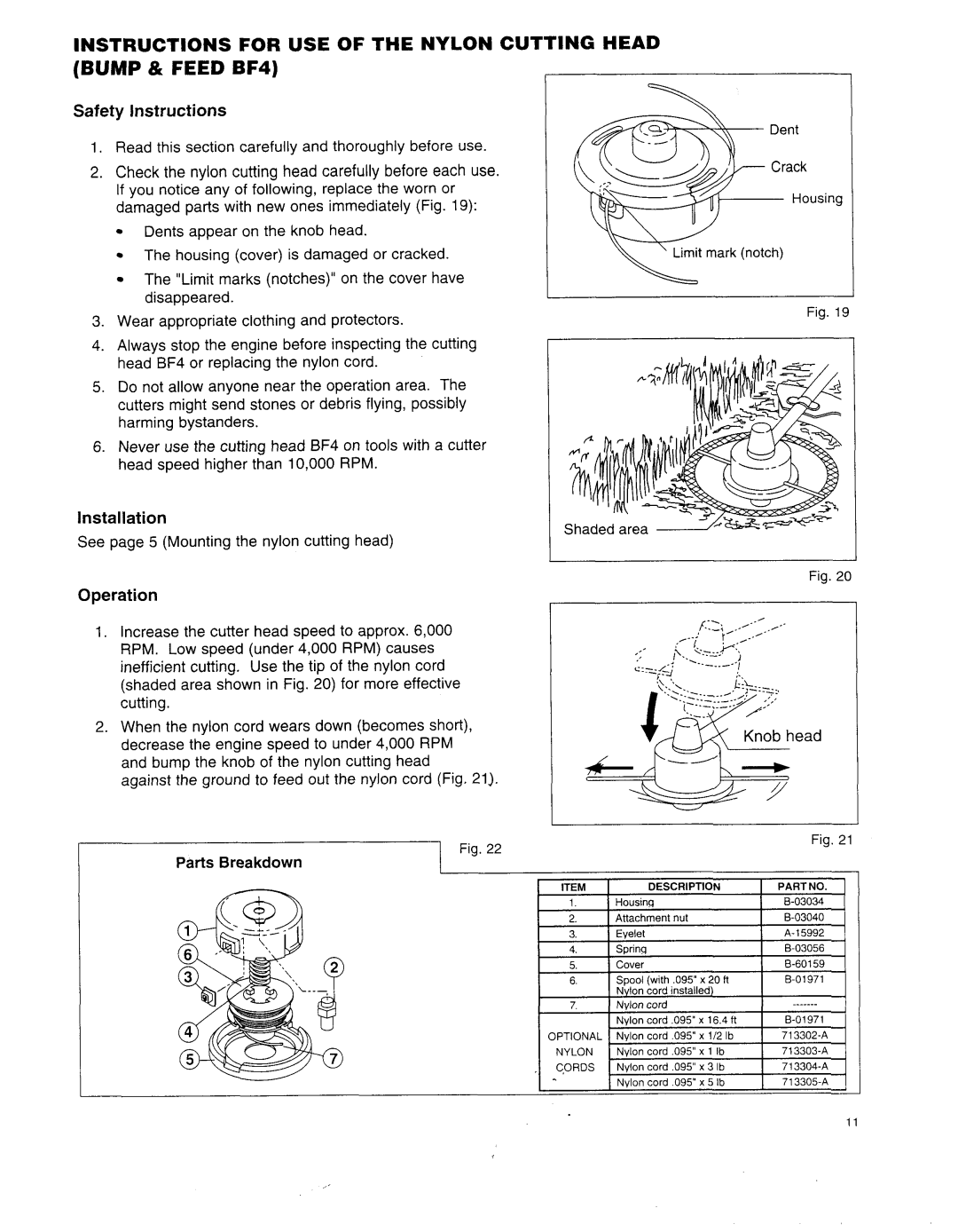 Makita RBC25A BUMP & FEED BF4, Instructions For Use Of The Nylon Cutting Head, Safety Instructions, Installation 