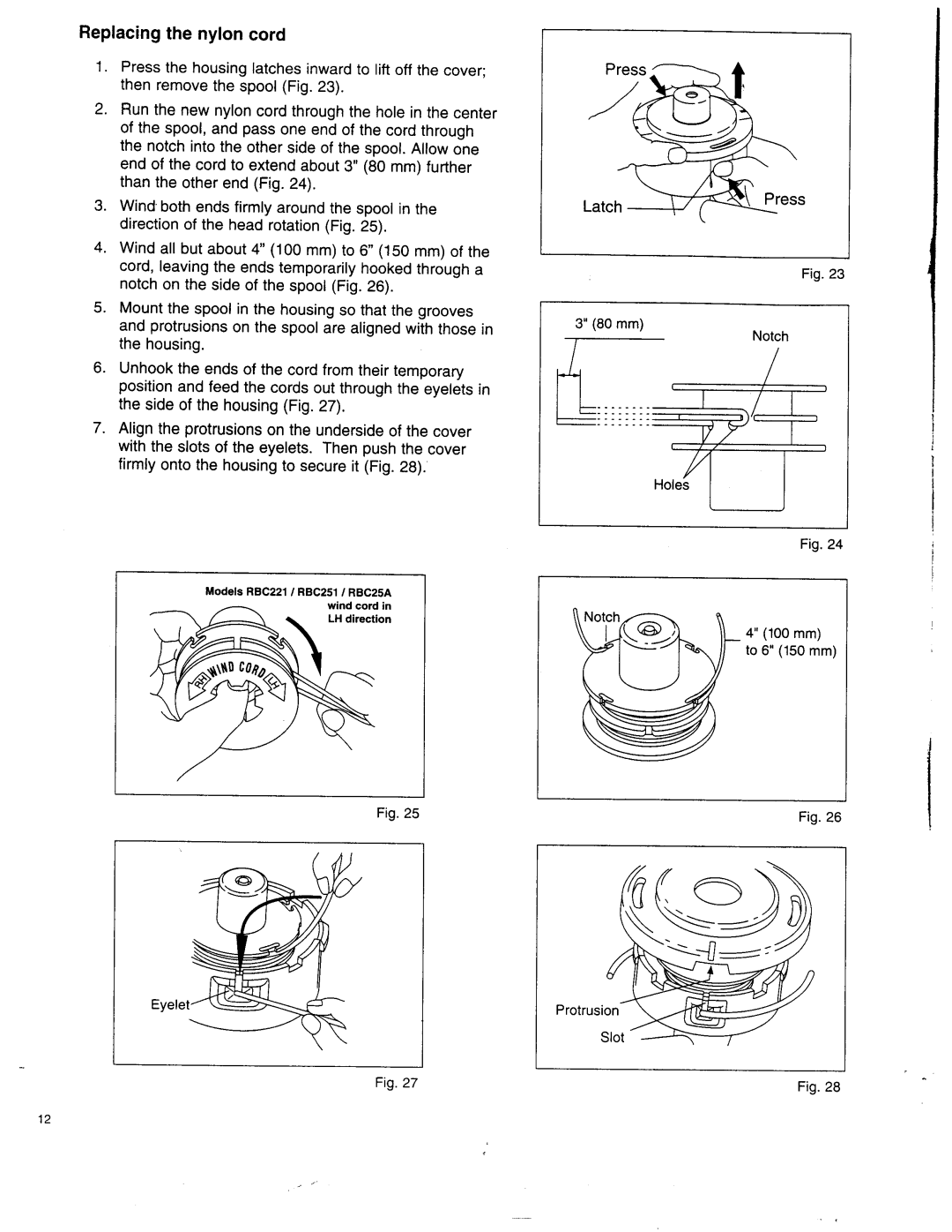 Makita RBC25A instruction manual Replacing the nylon cord 
