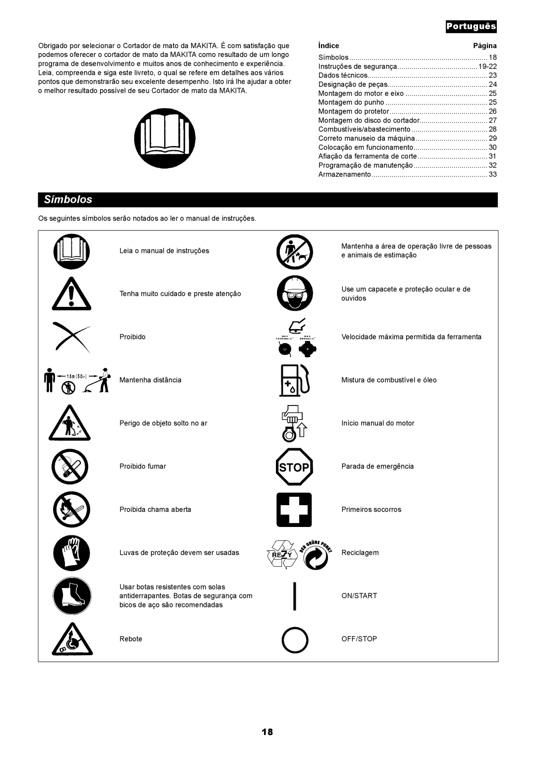 Makita RBC411 instruction manual Símbolos, Índice Página 