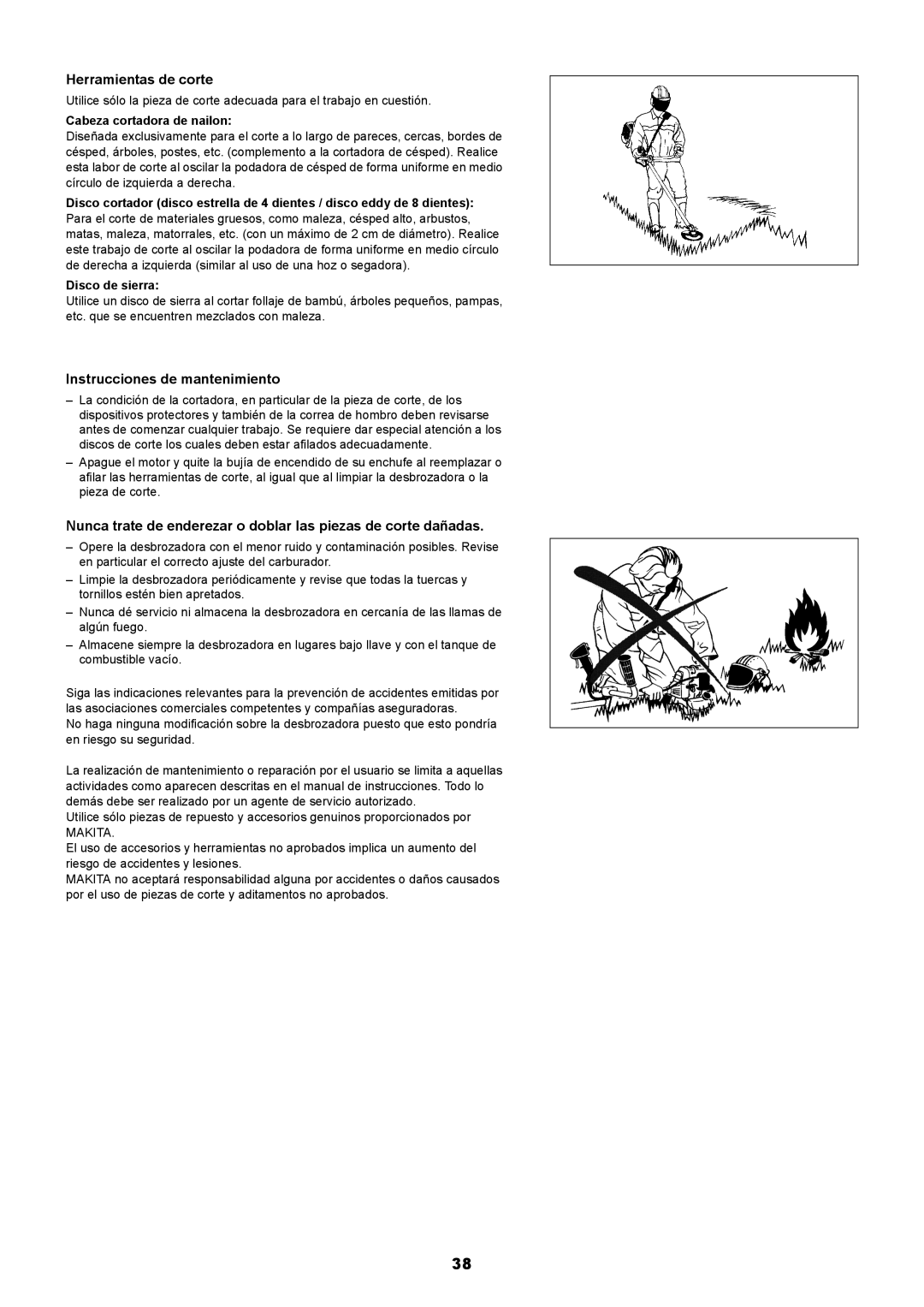 Makita RBC411 Herramientas de corte, Instrucciones de mantenimiento, Cabeza cortadora de nailon, Disco de sierra 