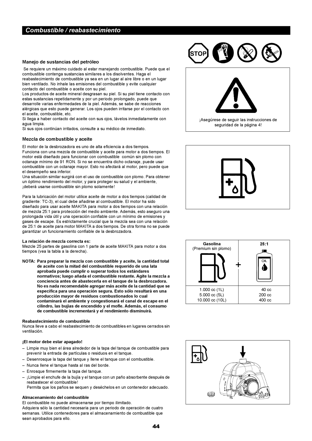 Makita RBC411 Combustible / reabastecimiento, Manejo de sustancias del petróleo, Mezcla de combustible y aceite 