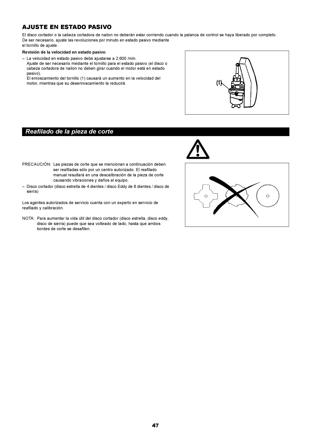 Makita RBC411 instruction manual Reafilado de la pieza de corte, Revisión de la velocidad en estado pasivo 