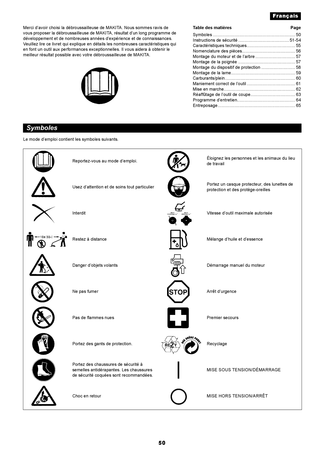 Makita RBC411 instruction manual Symboles, Table des matières 