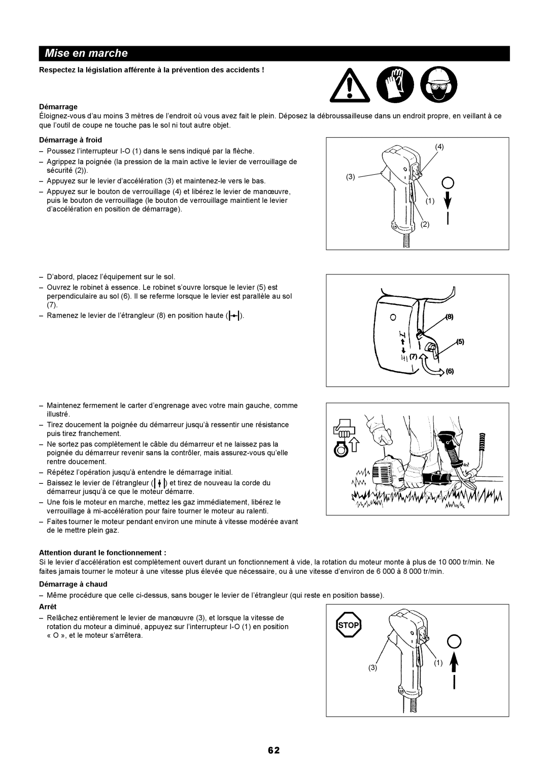 Makita RBC411 instruction manual Mise en marche, Démarrage à froid, Démarrage à chaud, Arrêt 