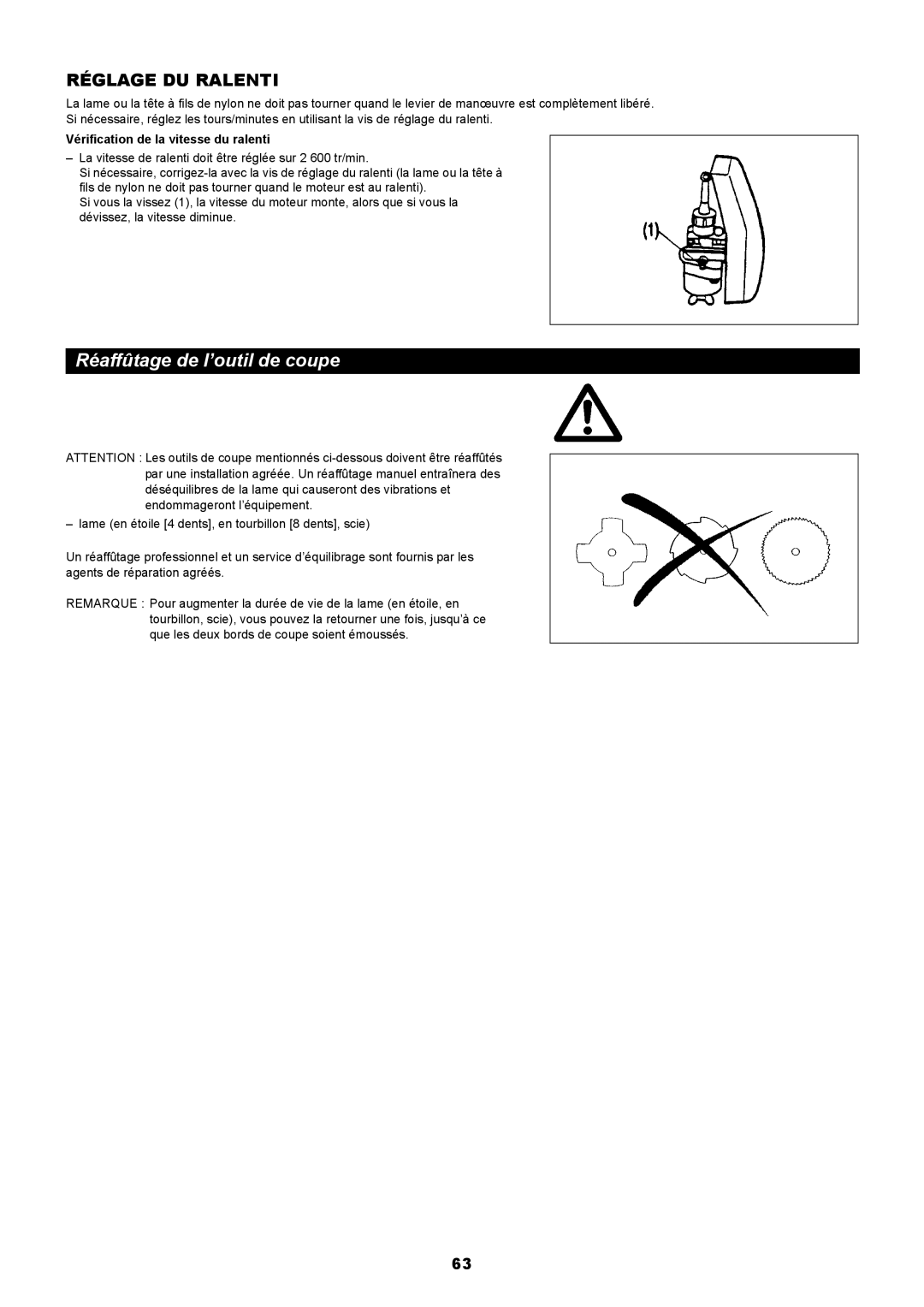 Makita RBC411 instruction manual Réaffûtage de l’outil de coupe, Vérification de la vitesse du ralenti 