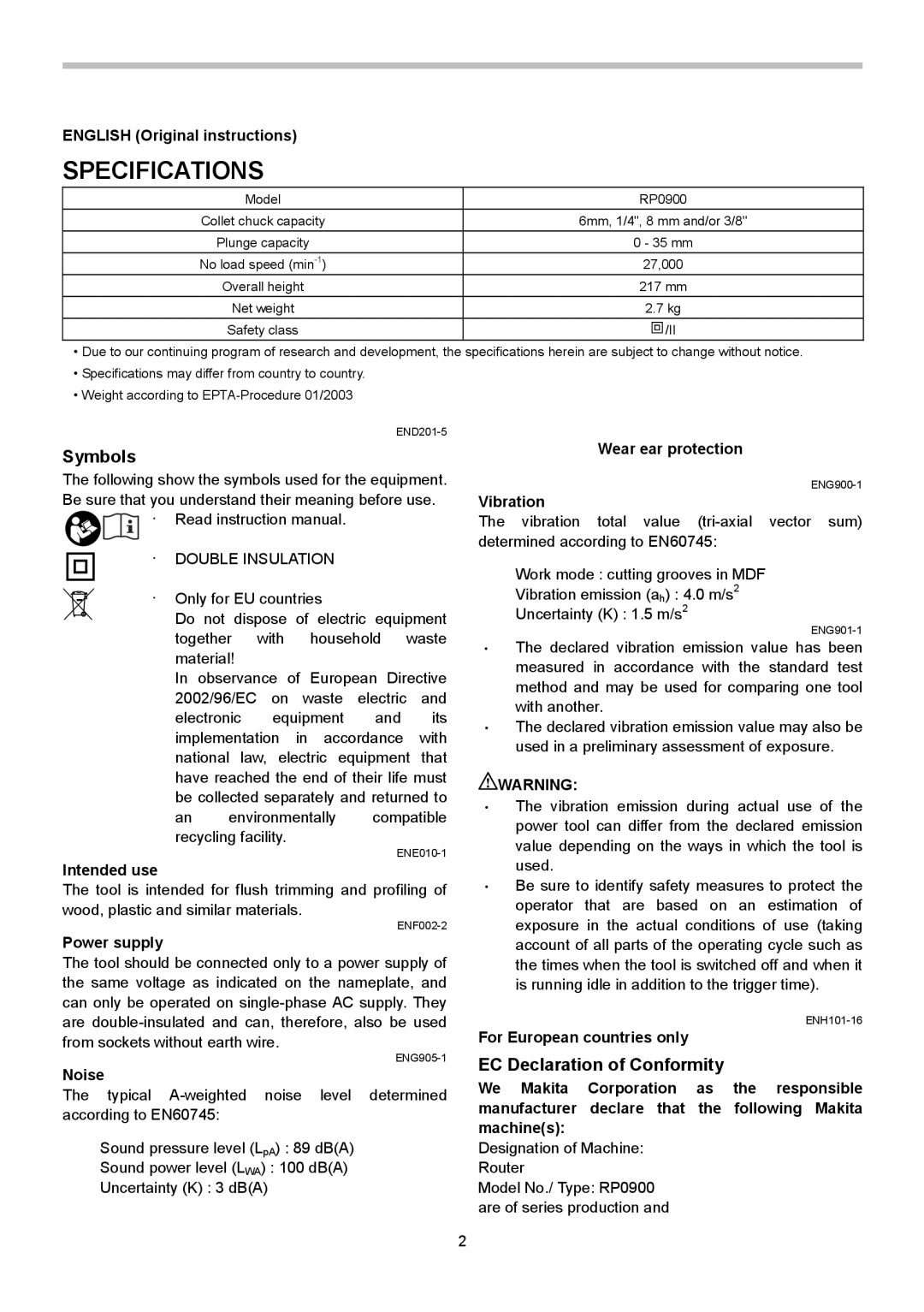 Makita RP0900 instruction manual Specifications, Symbols, EC Declaration of Conformity 